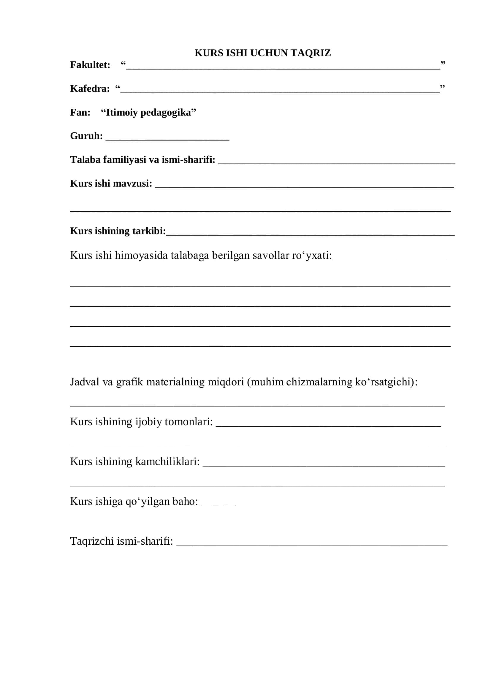 Itimoiy pedagogika fanidan kurs ishi uchun taqriz 1