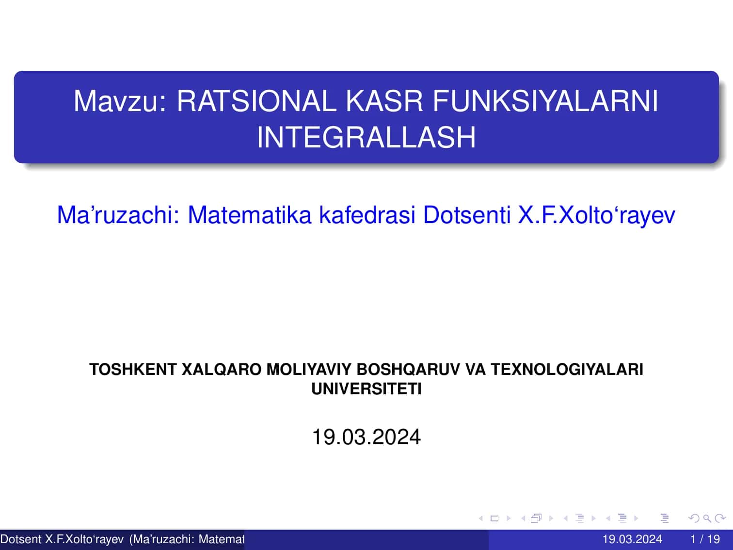 RATSIONAL KASR FUNKSIYALARNI INTEGRALLASH 1