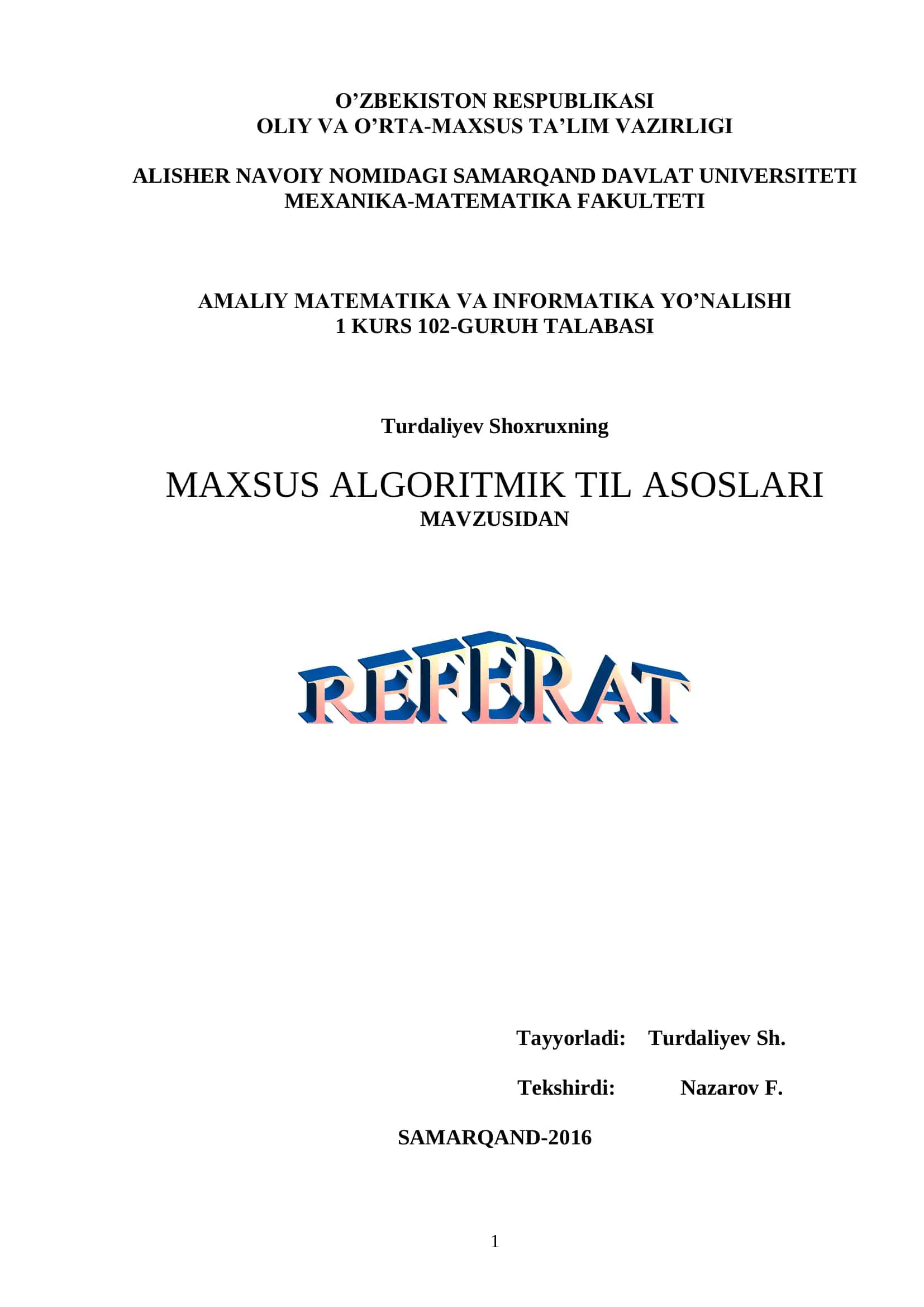 MAXSUS ALGORITMIK TIL ASOSLARI 1