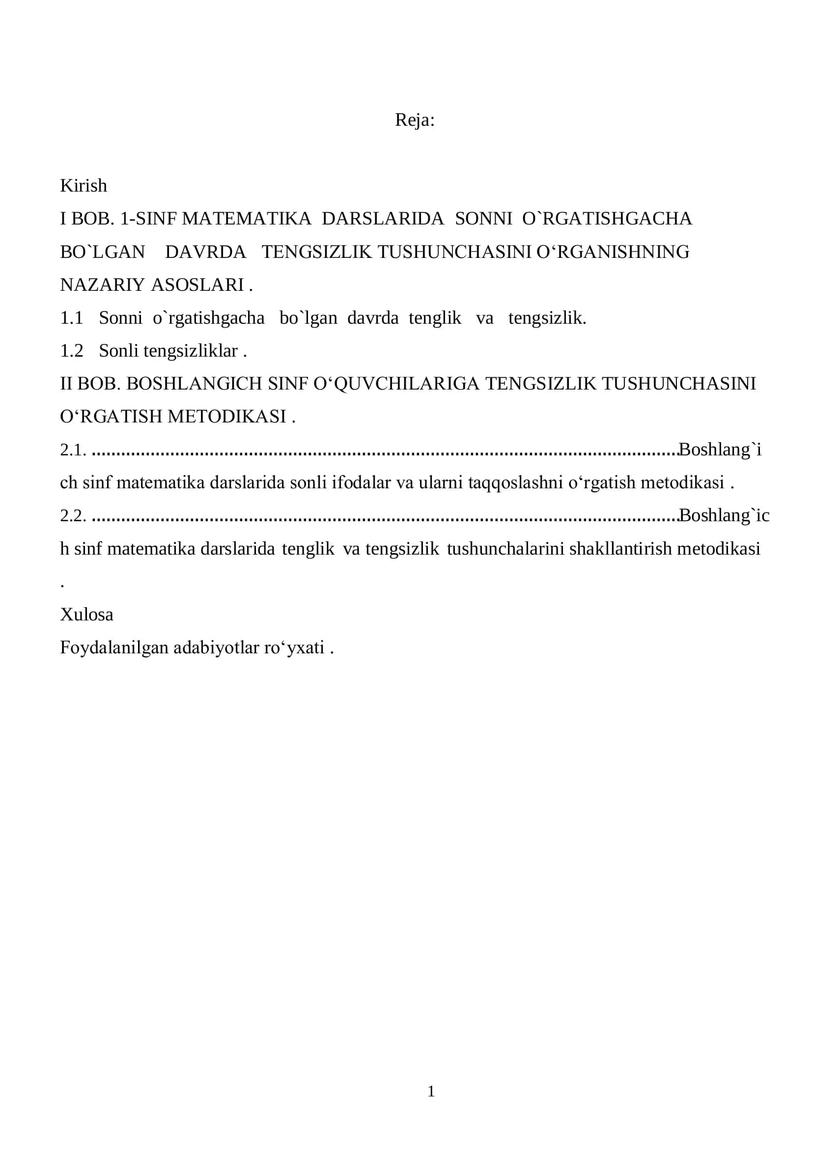 BOSHLANGICH SINF O‘QUVCHILARIGA TENGSIZLIK TUSHUNCHASINI O‘RGATISH METODIKASI 1