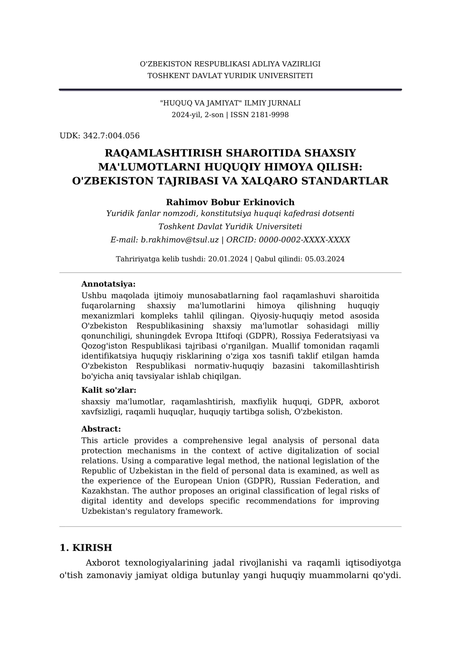 O'ZBEKISTON RESPUBLIKASI ADLIYA VAZIRLIGI TOSHKENT DAVLAT YURIDIK UNIVERSITETI "HUQUQ VA JAMIYAT" ILMIY JURNALI 1