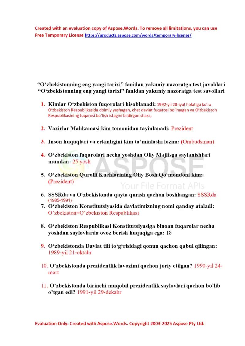 O'zbekiston tarixi test toliq javoblari 100 ta 1