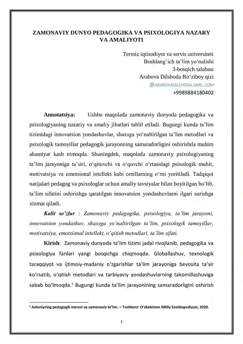 ZAMONAVIY DUNYO PEDAGOGIKA VA PSIXOLOGIYA NAZARY VA AMALIYOTI