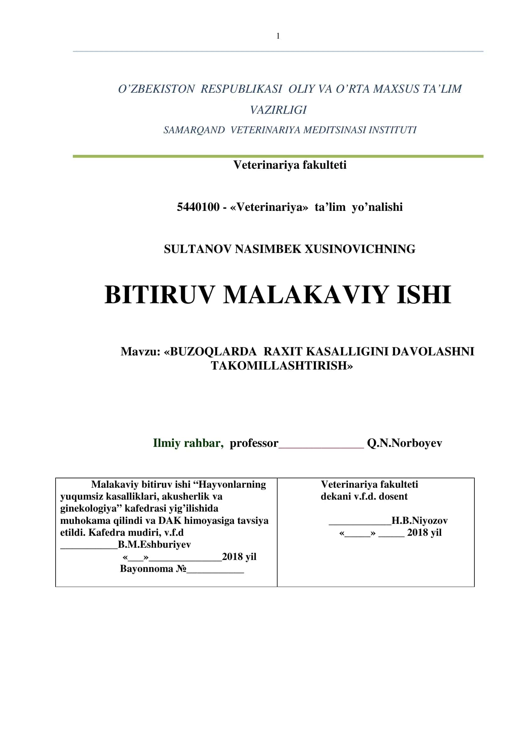 BUZOQLARDA RAXIT KASALLIGINI DAVOLASHNI TAKOMILLASHTIRISH 1