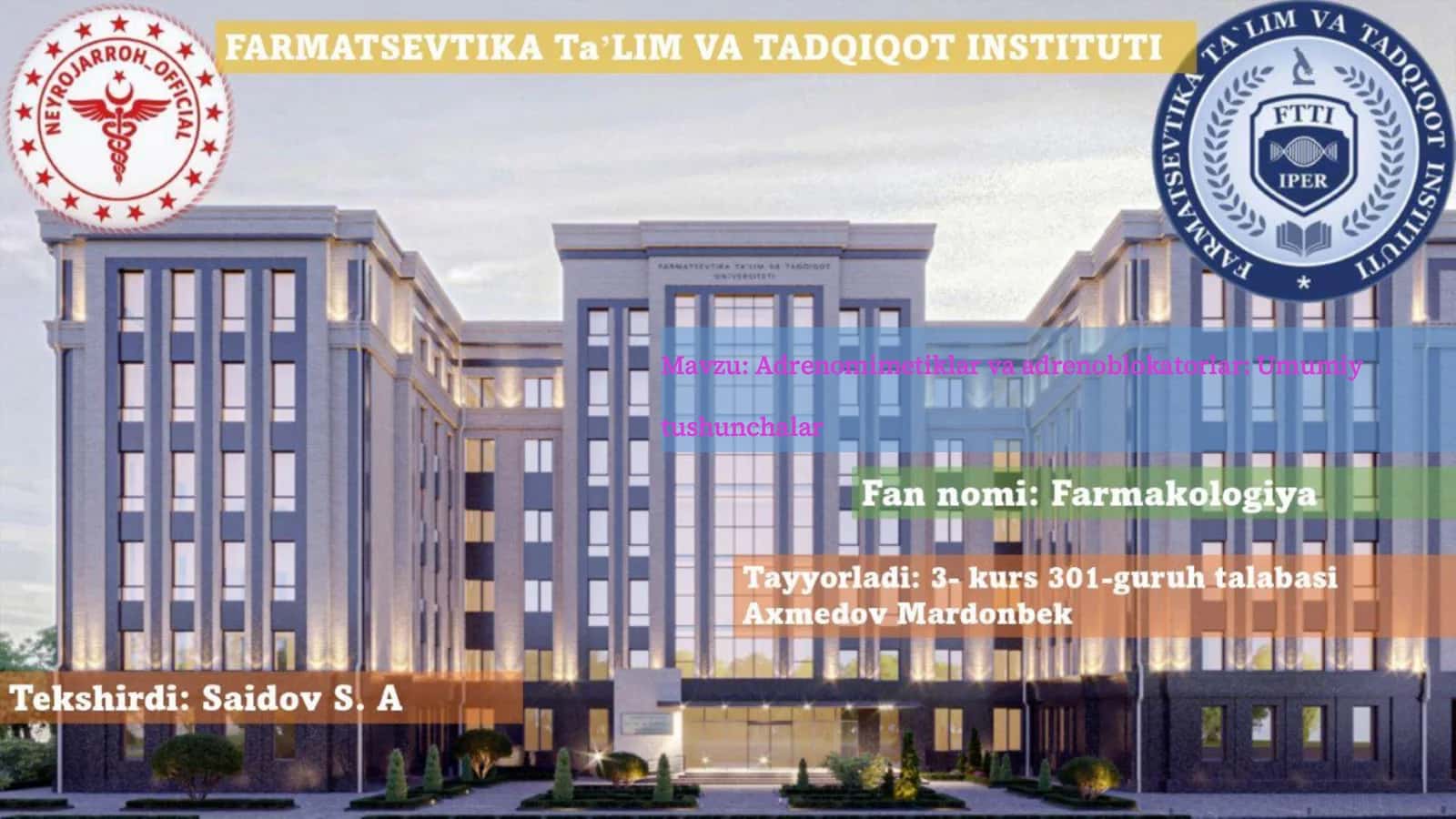 Adrenomimetiklar va adrenoblokatorlar: Umumiy tushunchalar 1
