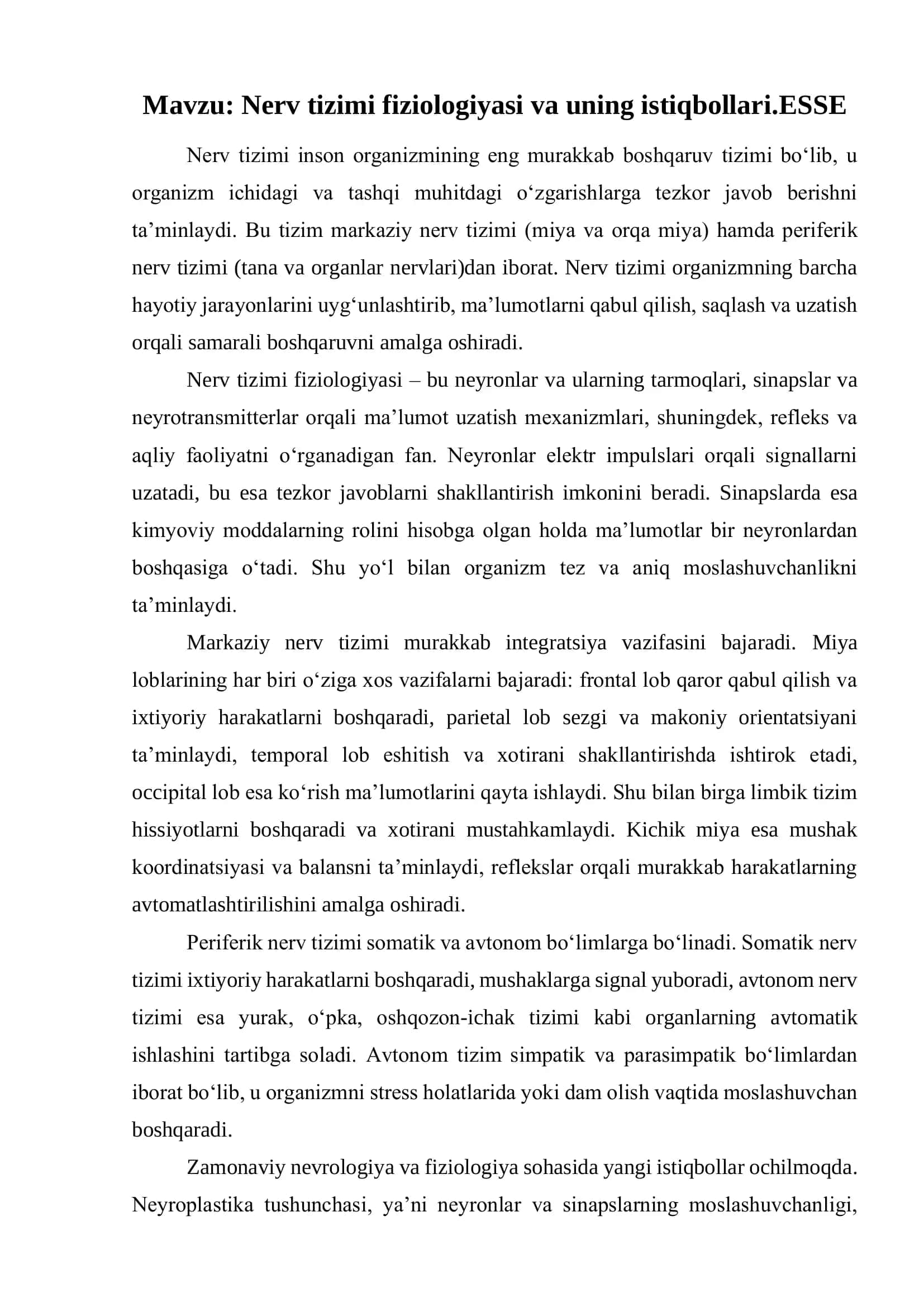 Nerv tizimi fiziologiyasi va uning istiqbollari.ESSE 1