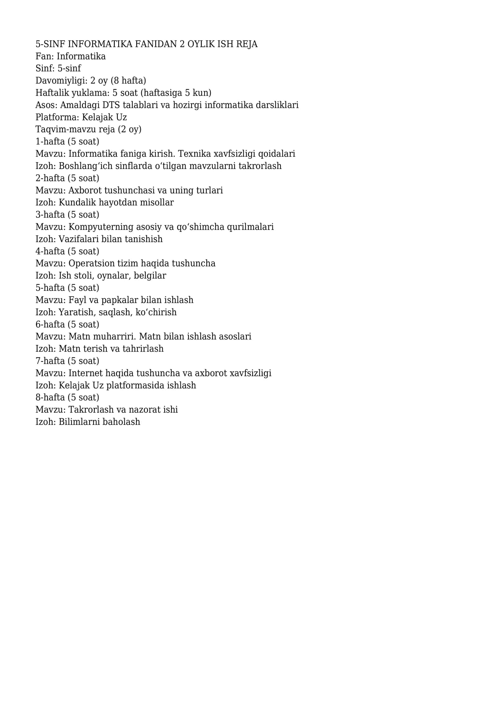 5-SINF INFORMATIKA FANIDAN 2 OYLIK ISH REJA 1