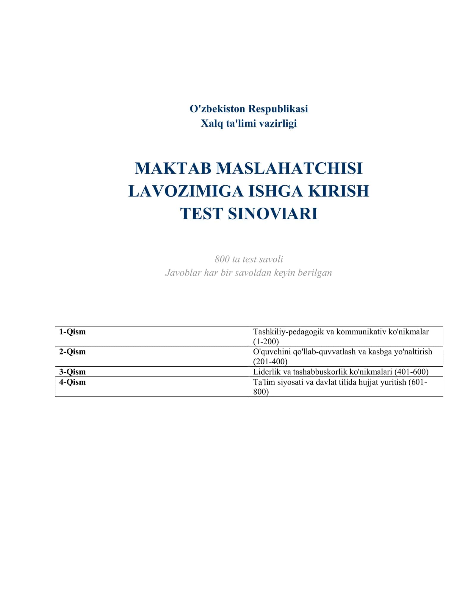 MAKTAB MASLAHATCHISI LAVOZIMIGA ISHGA KIRISH TEST SINOVlARI TASHKILIY-PEDAGOGIK VA KOMMUNIKATIV KO'NIKMALAR 1