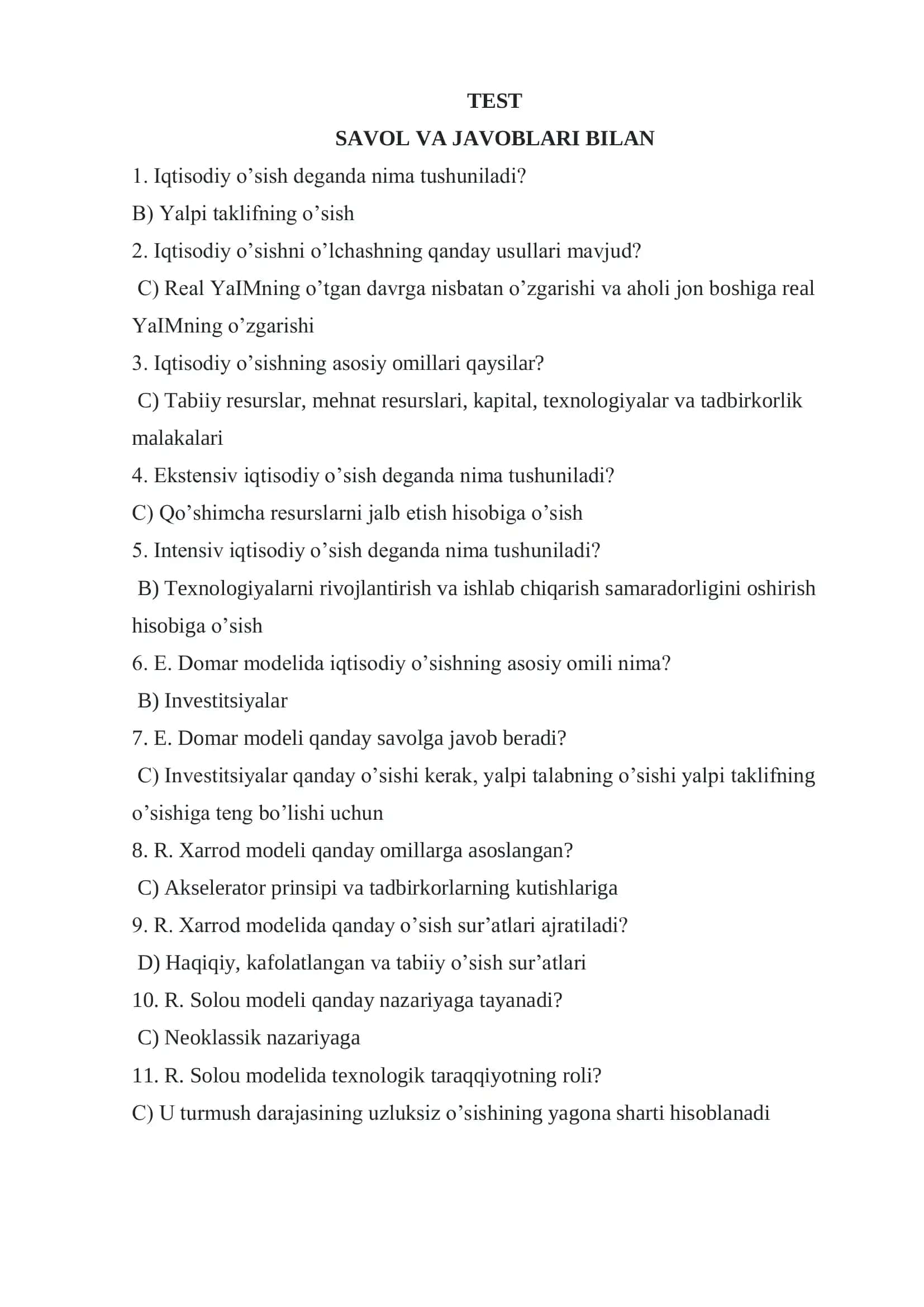 Iqtisodiy o’sish savollari va javoblari 1