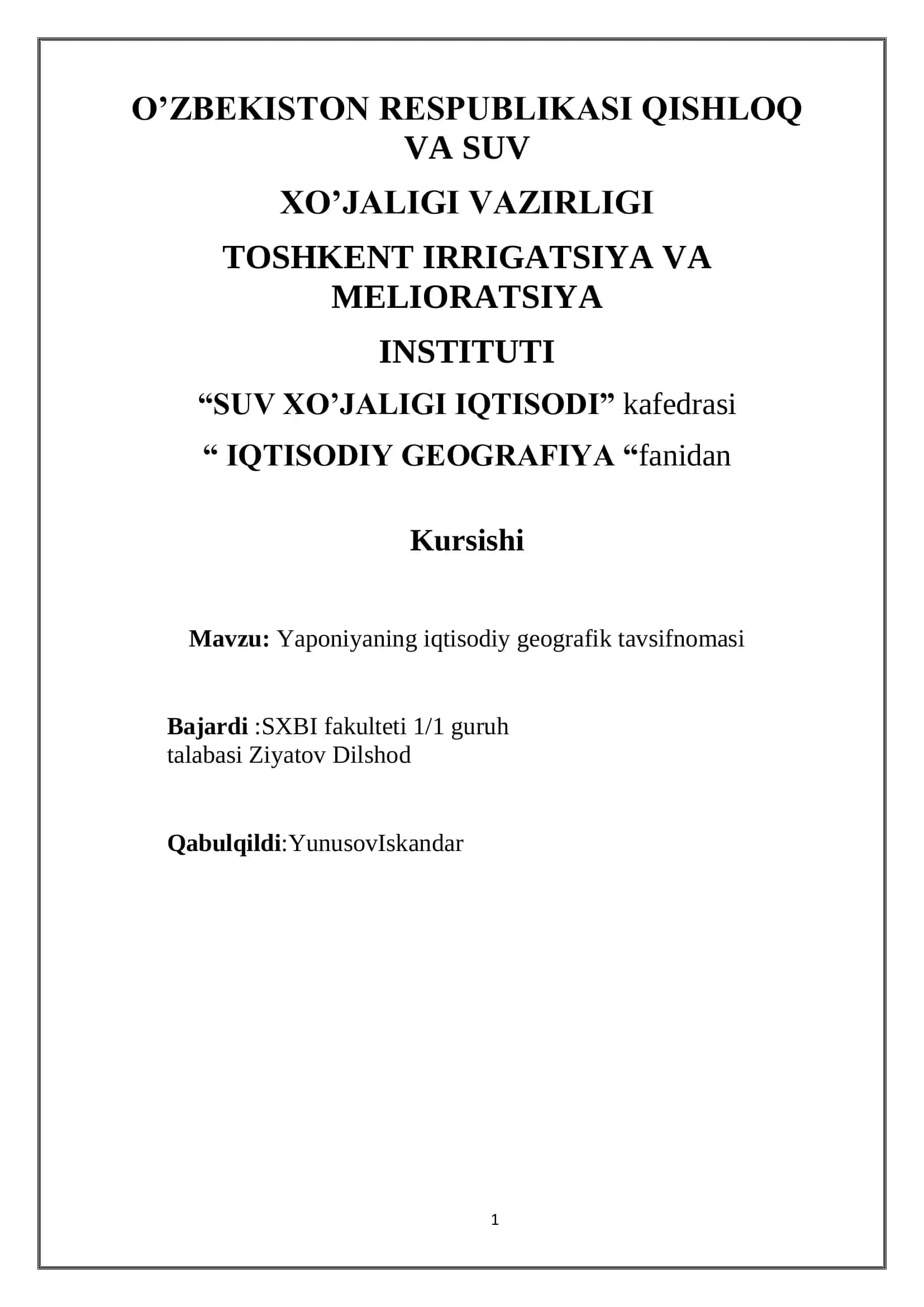Yaponiyaning iqtisodiy geografik tavsifnomasi 1