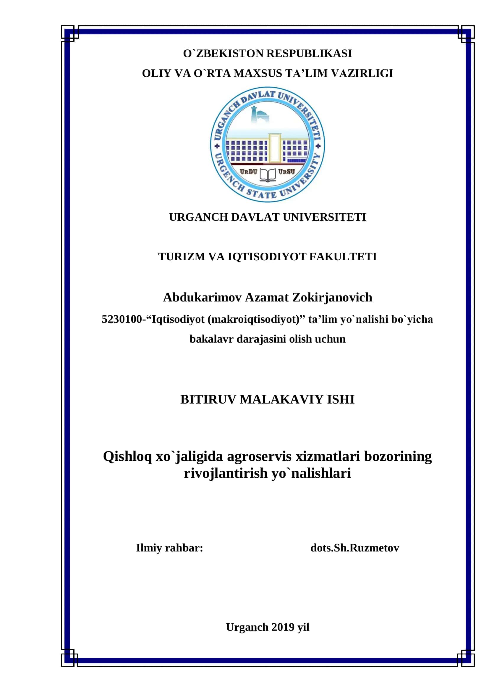 QISHLOQ XO`JALIGIDA AGROSERVIS XIZMATLARI BOZORINING RIVOJLANTIRISH YO`NALISHLARI 1