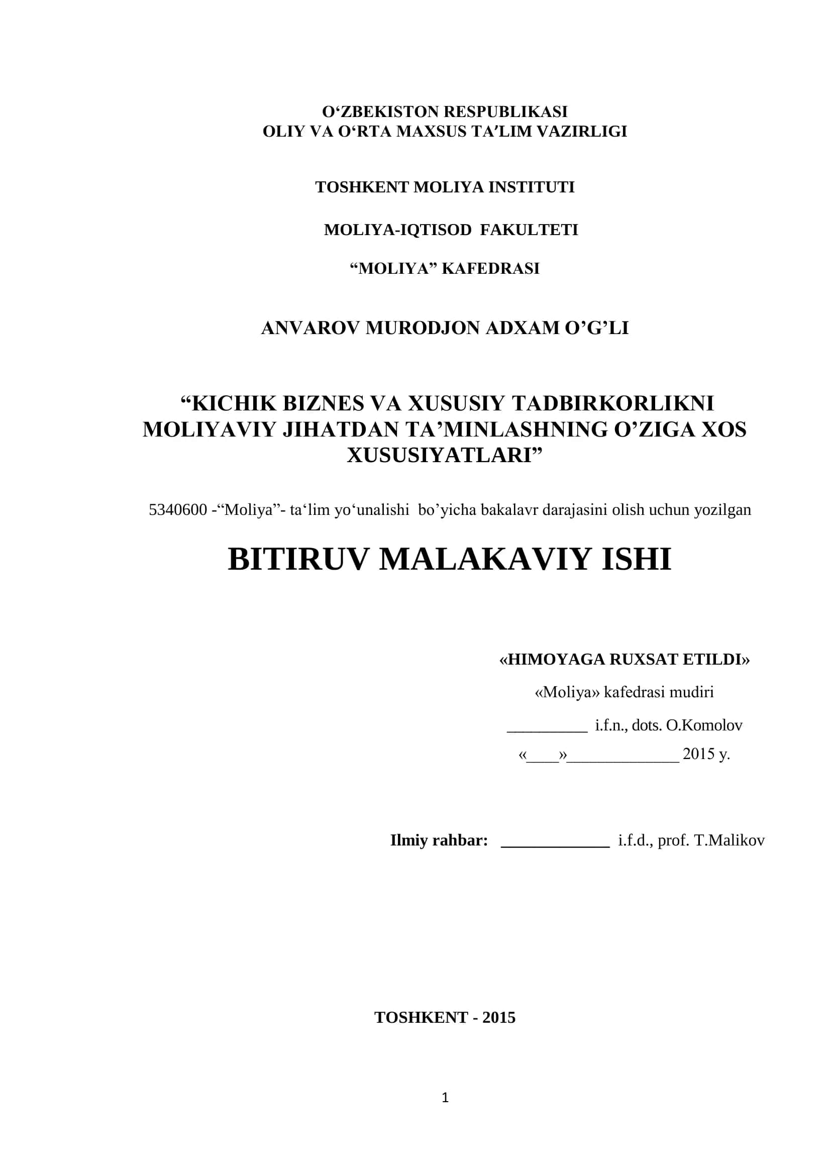 MOLIYA BITIRUV MALAKAVIY ISHI 1