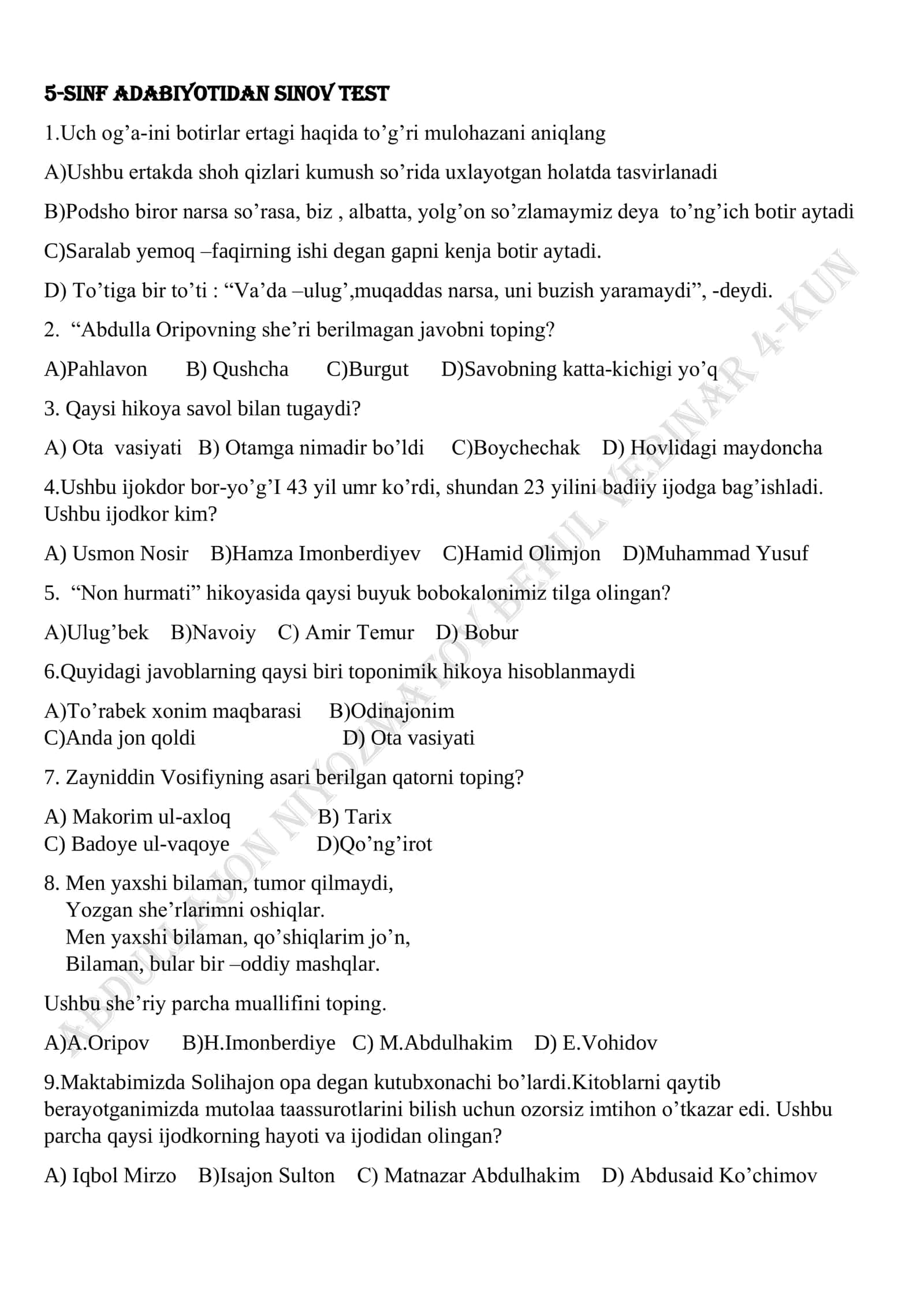 5-sinf adabiyotidan sinov test 1