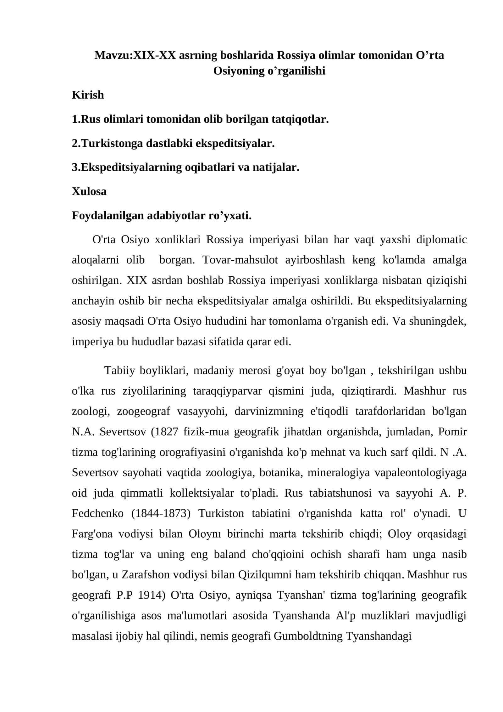 XIX-XX asrning boshlarida Rossiya olimlar tomonidan O’rta Osiyoning o’rganilishi 1
