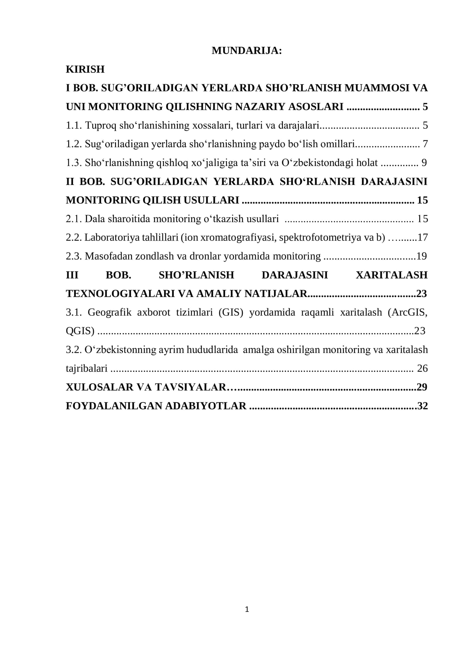 SUG’ORILADIGAN YERLARDA SHO’RLANISH DARAJASINI MONITORING QILISH 1