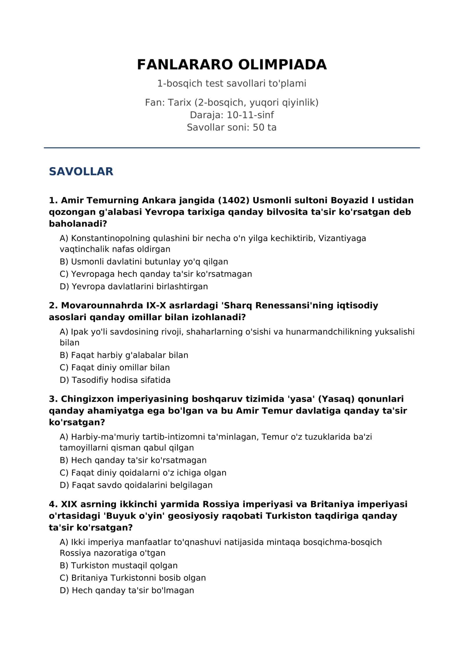 FANLARARO OLIMPIADA 2-bosqich test savollari to'plami 1