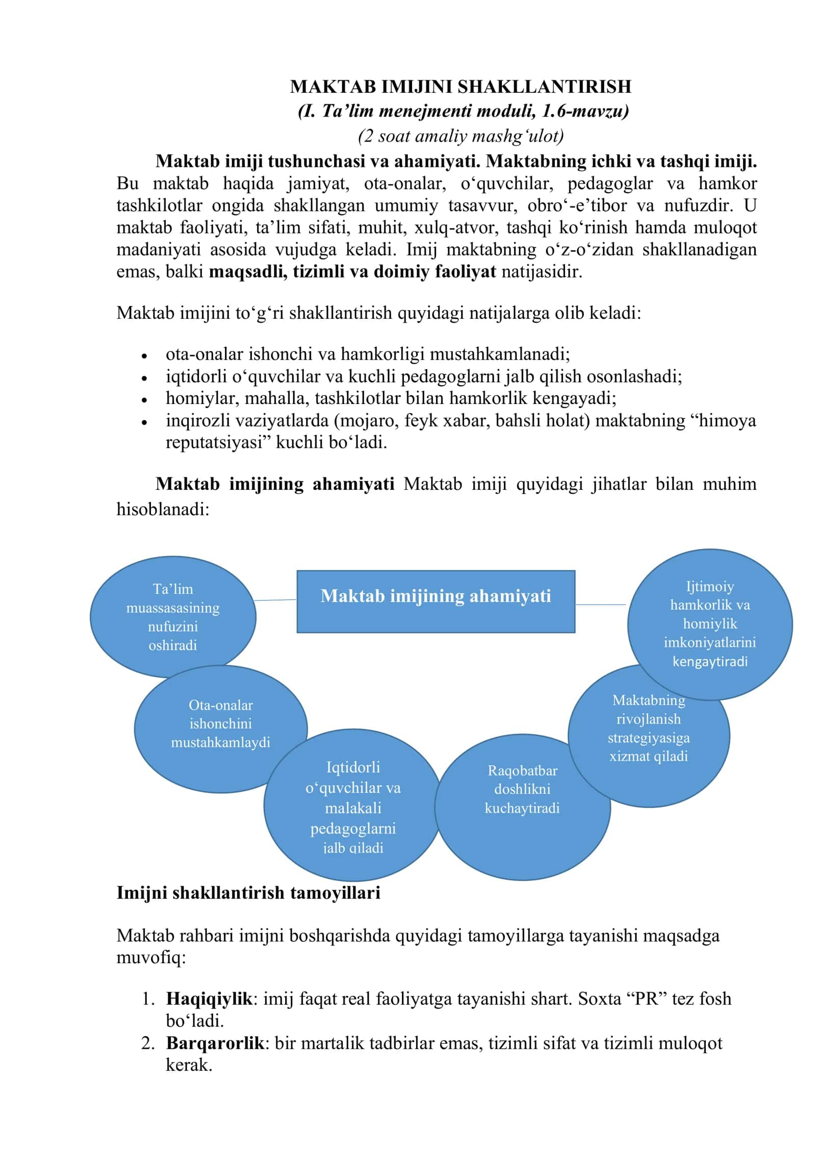 Menejerlik o'uv kursi tinglovchilari uchun  MAKTAB IMIJINI SHAKLLANTIRISH (I. Ta’lim menejmenti moduli, 1.6-mavzu) 1