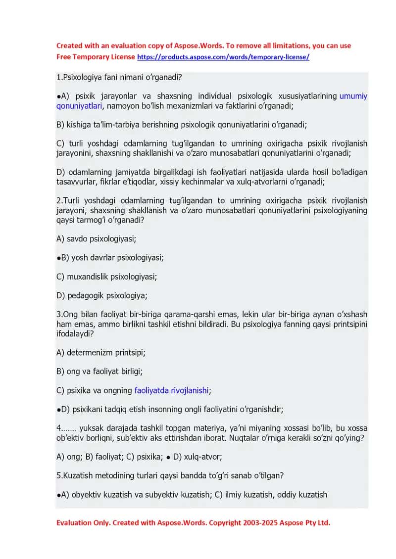 Psixologiya faniga oid test savollari to‘plami 1