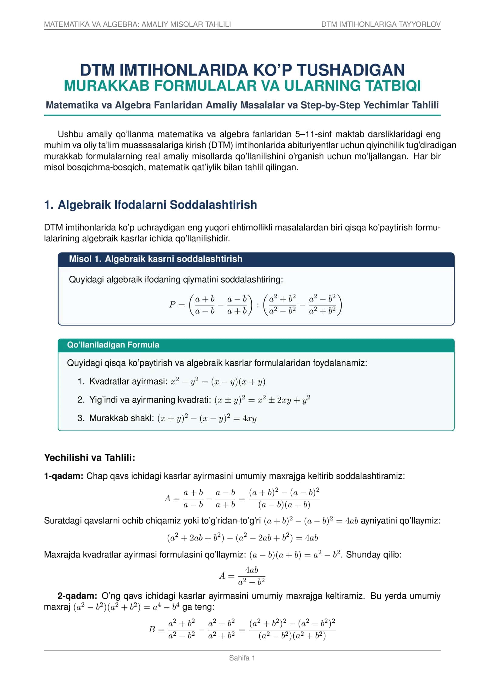 DTM MATEMATIKA VA ALGEBRA — MURAKKAB FORMULALAR VA AMALIY TATBIQI | STEP-BY-STEP YECHIMLAR PDF 1