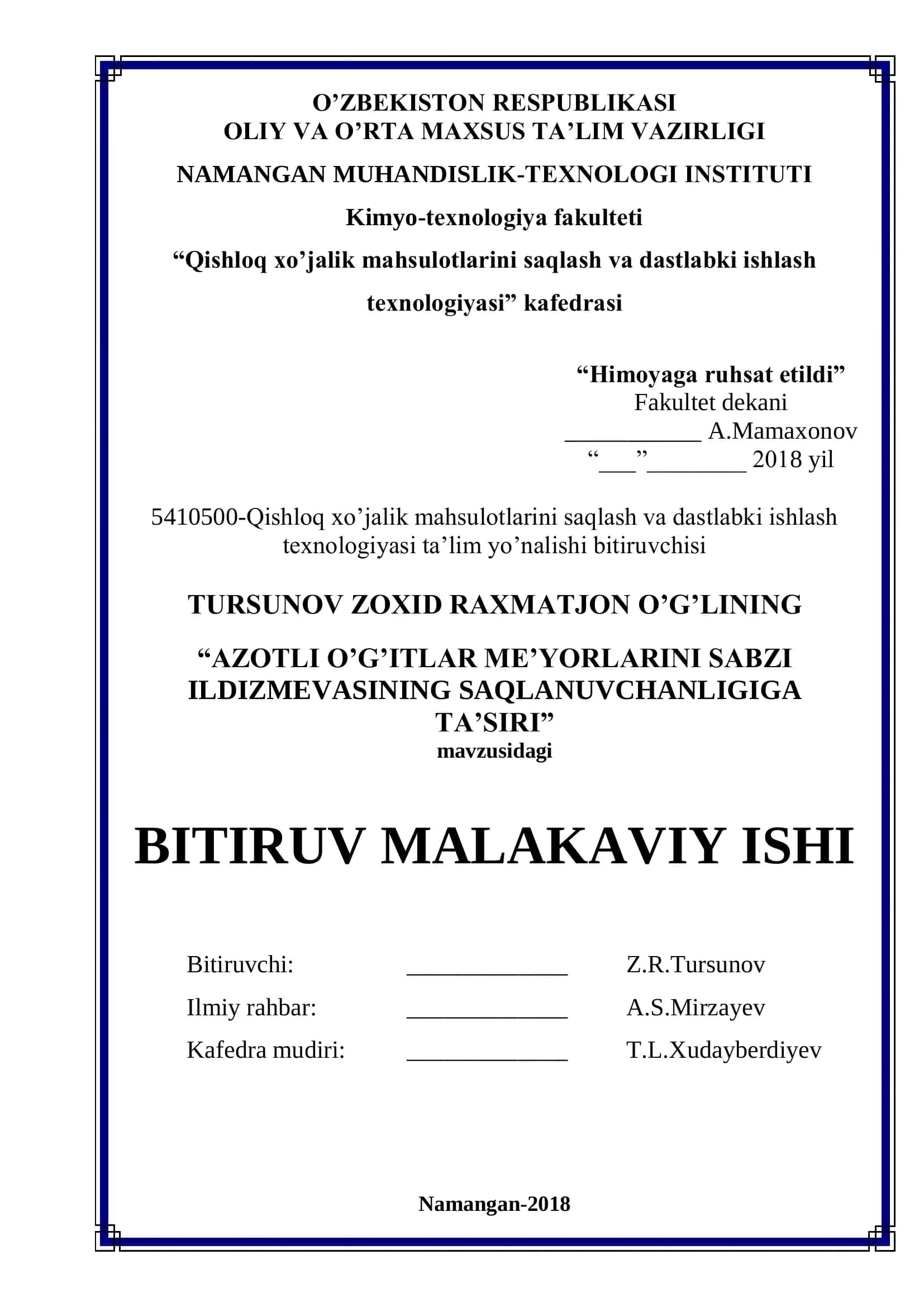 Qishloq xo'jalik mahsulotlarini saqlash va dastlabki ishlash texnologiyasi ta'lim yo'nalishi bitiruvchisi 1