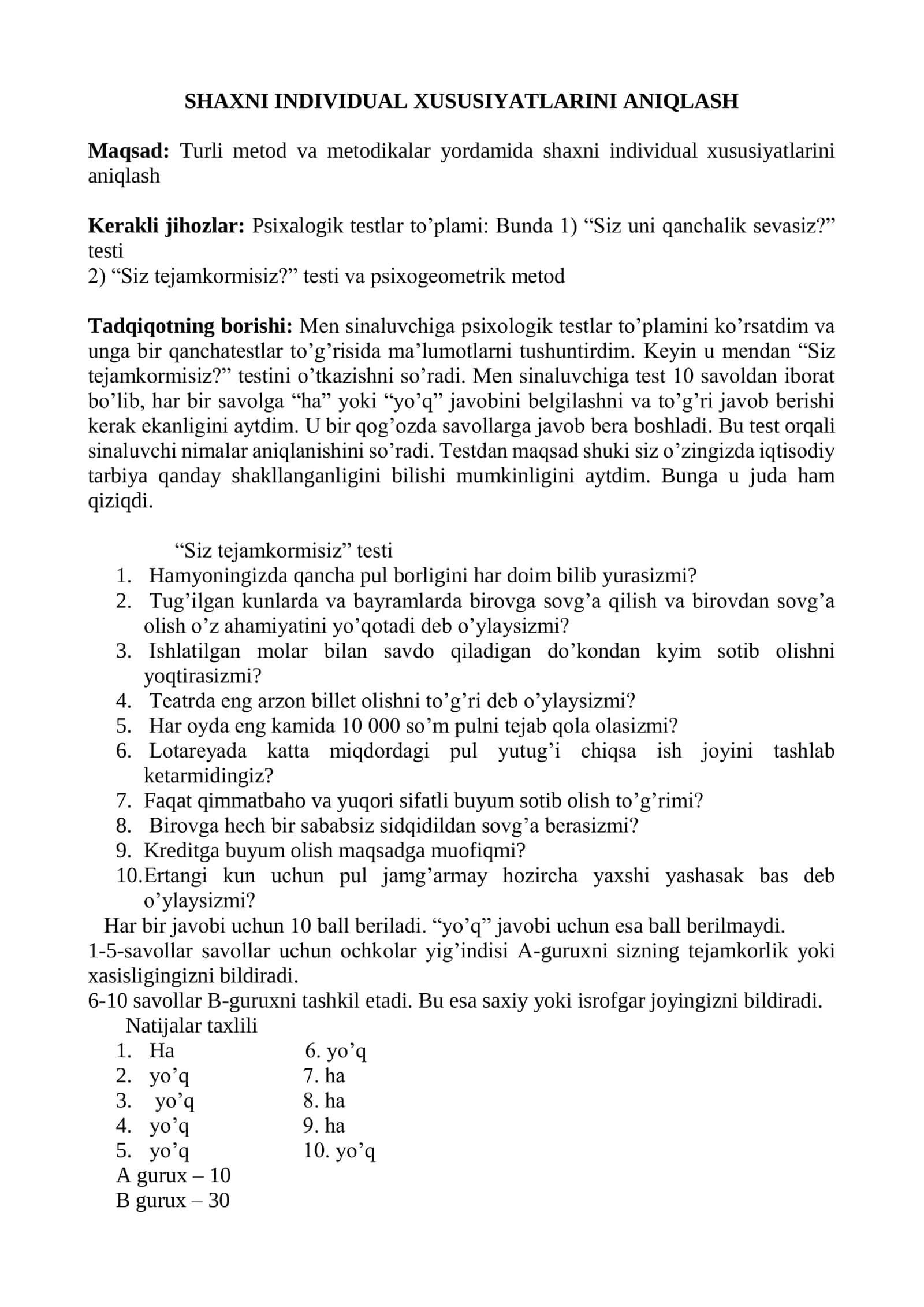 SHAXNI INDIVIDUAL XUSUSIYATLARINI ANIQLASH 1