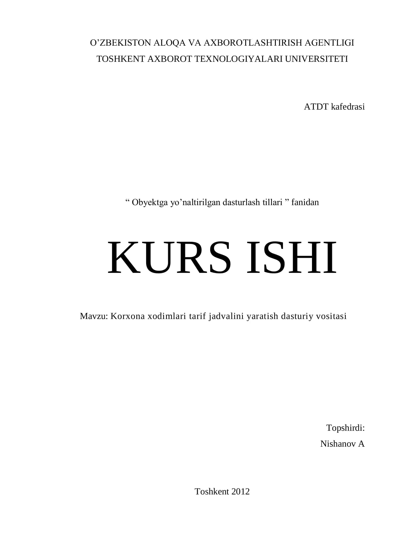 Korxona xodimlari tarif jadvalini yaratish dasturiy vositasi 1