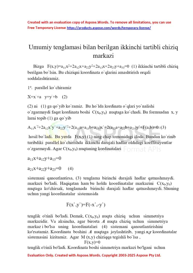 Ikkinchi tartibli chiziq markazi va uning xossalari 1