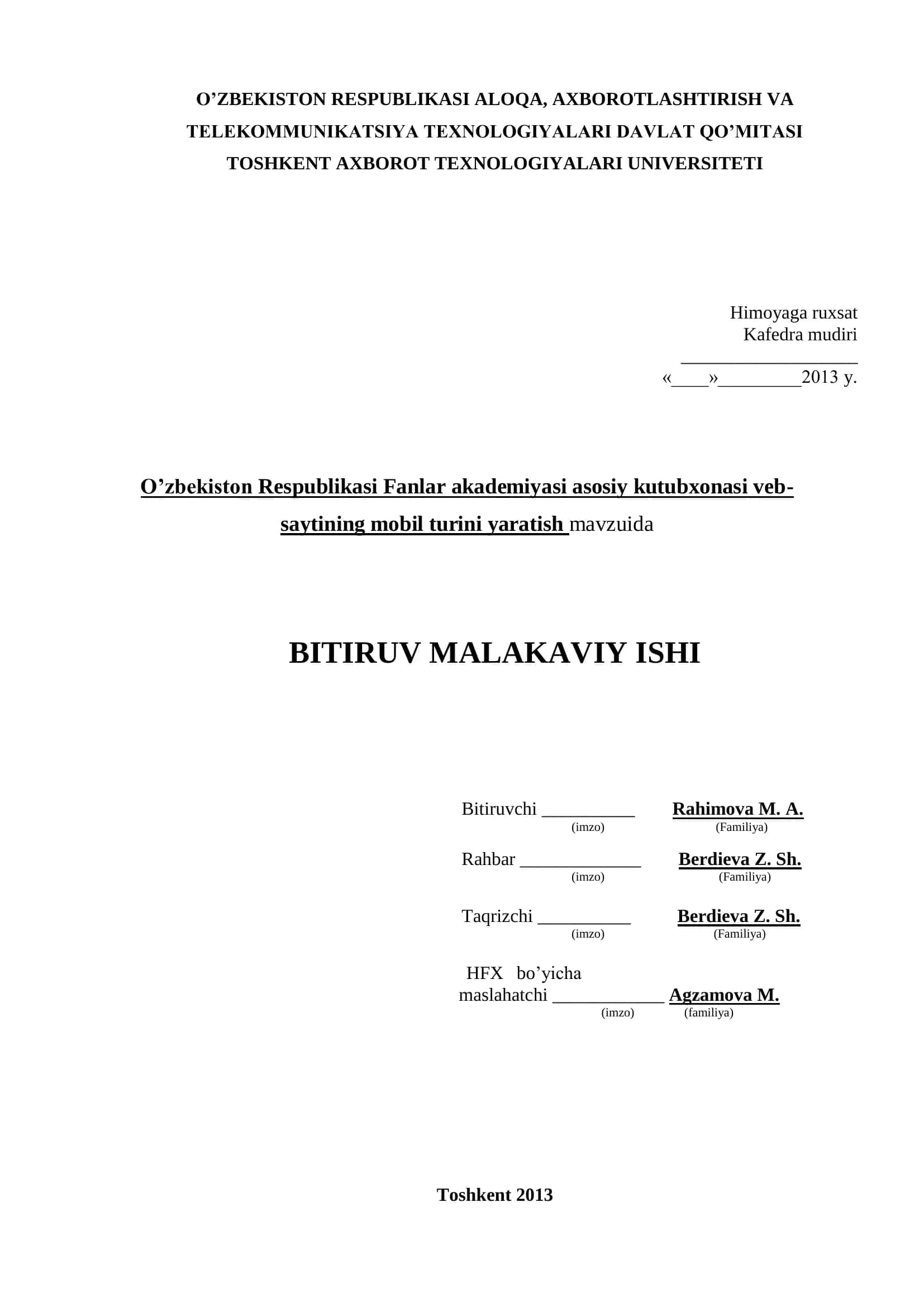 O’zbekiston Respublikasi Fanlar Akademiyasi asosiy kutubxonasi veb-saytining mobil turini yaratish mavzuida 1