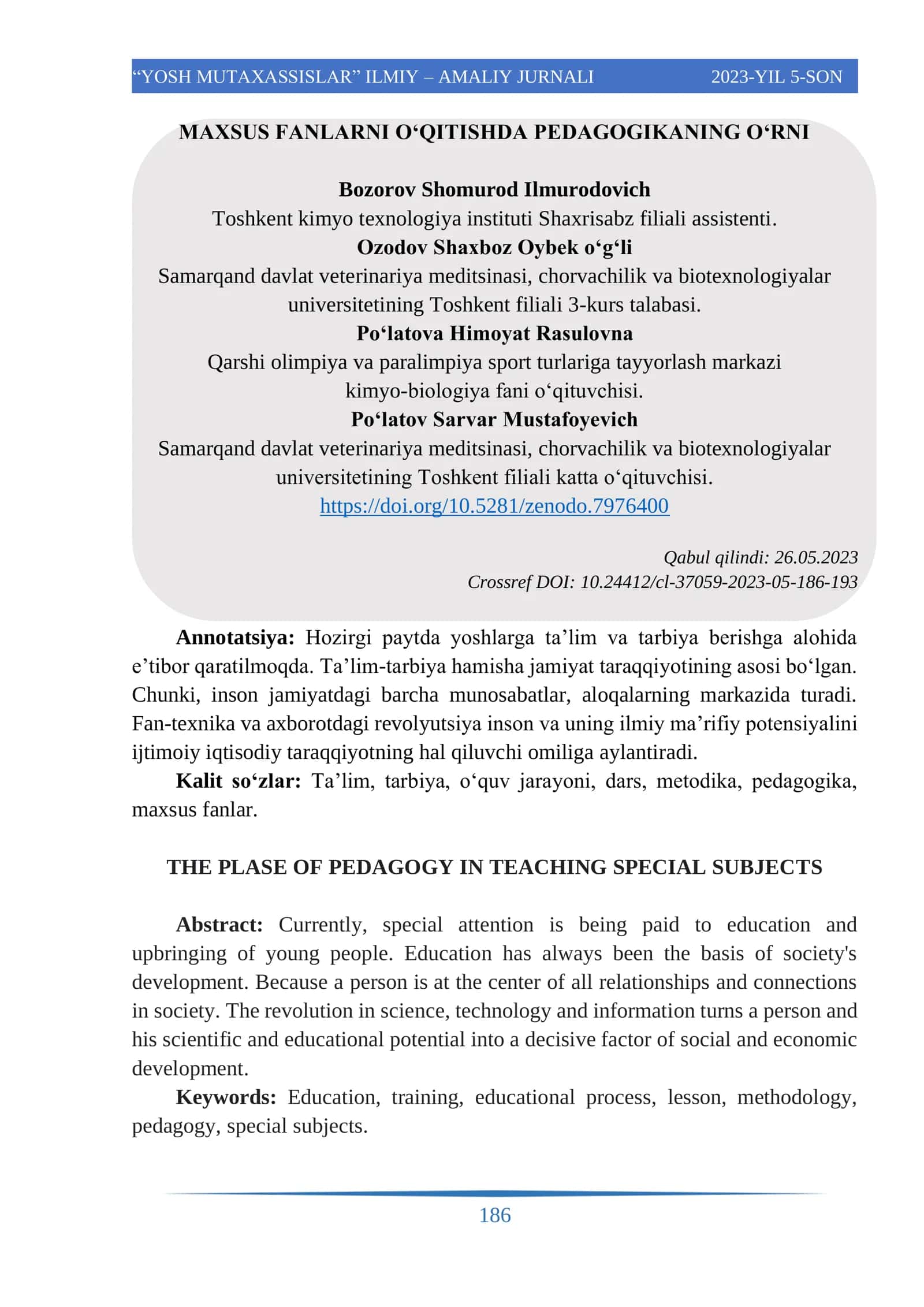 "YOSH MUTAXASSISLAR" ILMIY – AMALIY JURNALI 2023-YIL 5-SON 1
