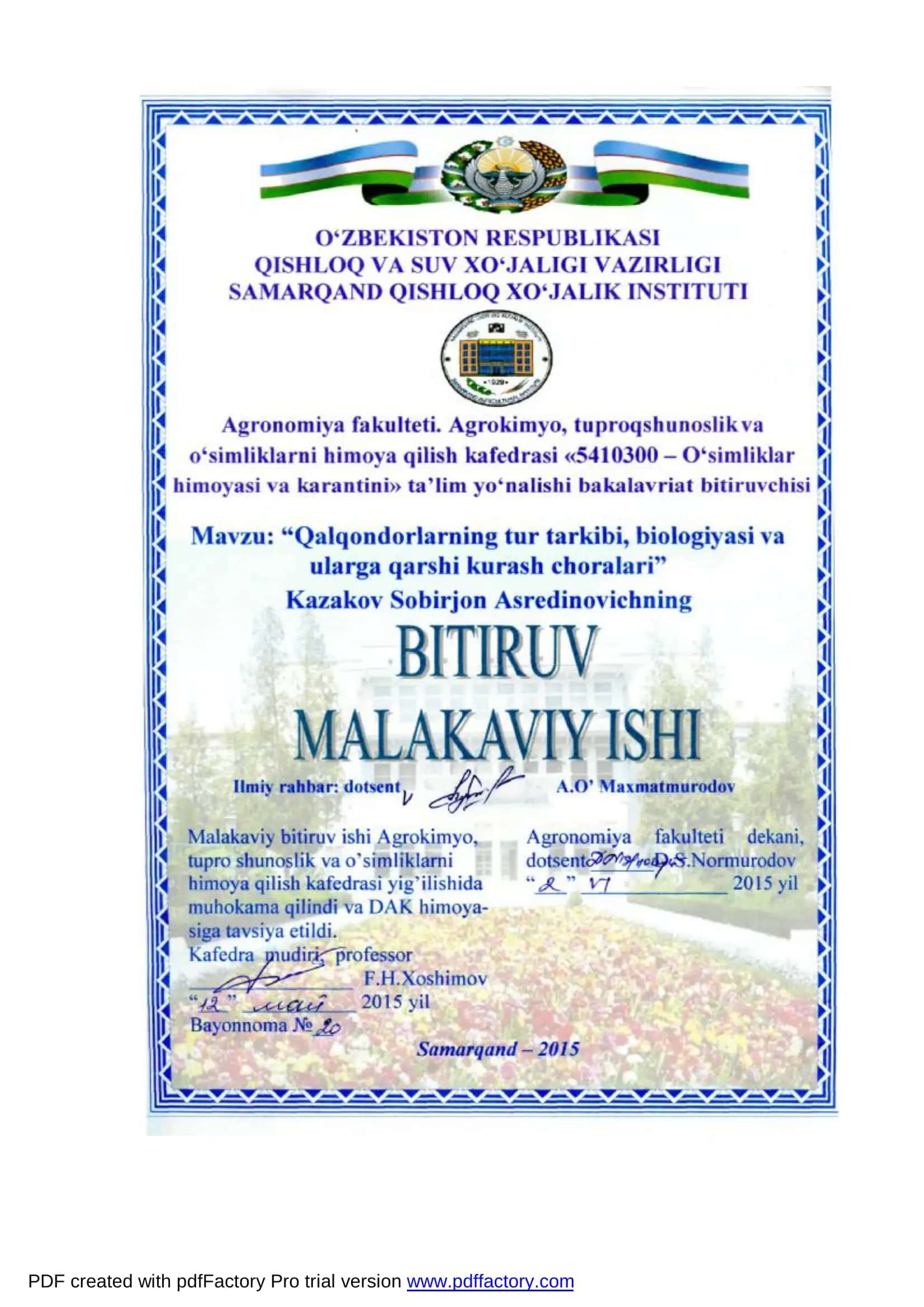Qalqondorlarning tur tarkibi, biologiyasi va ularga qarshi kurash choralari 1