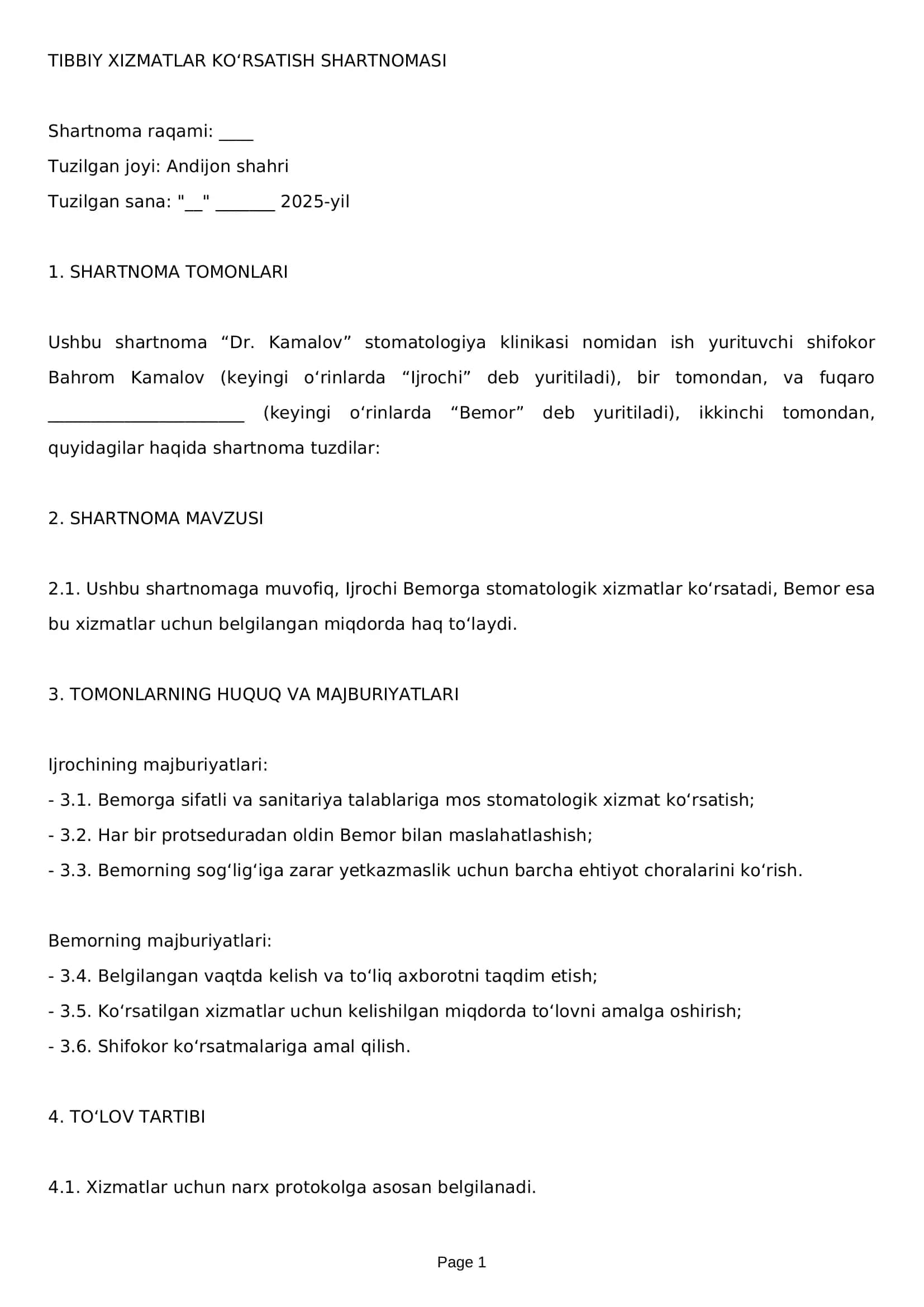 TIBBIY XIZMATLAR KO‘RSATISH SHARTNOMASI 1