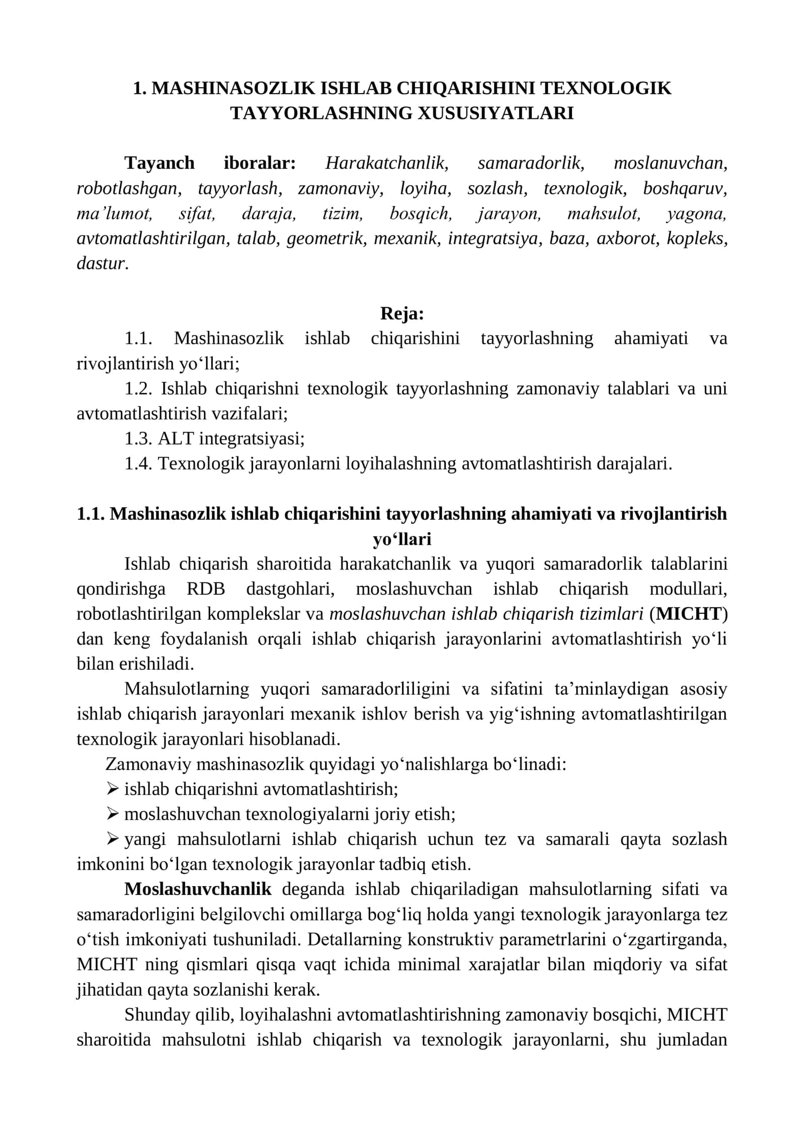 Mashinasozlik ishlab chiqarishini texnologik tayyorlashning xususiyatlari 1