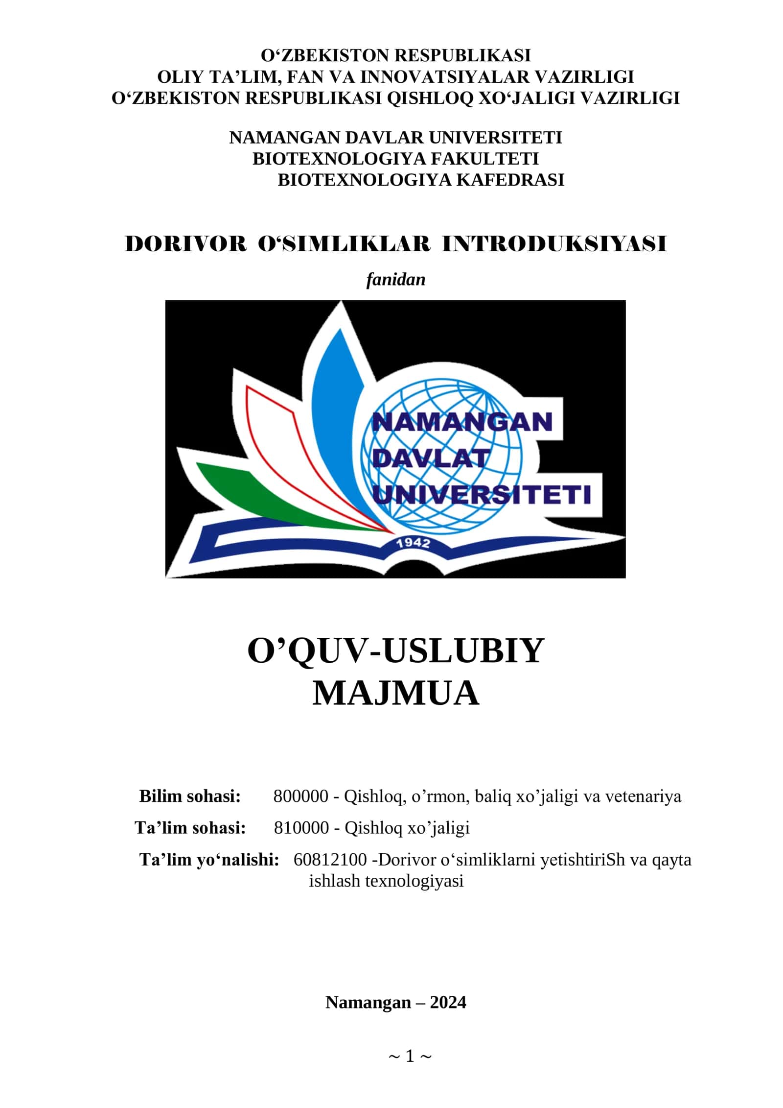 Dorivor O‘simliklarni Yetishtirish va Qayta Ishlash Texnologiyasi 1