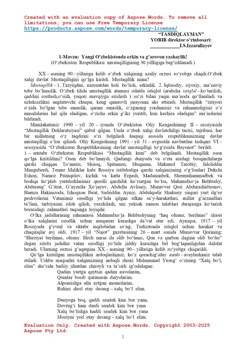 Yangi O’zbekistonda erkin va g’arovon yashaylik! 1