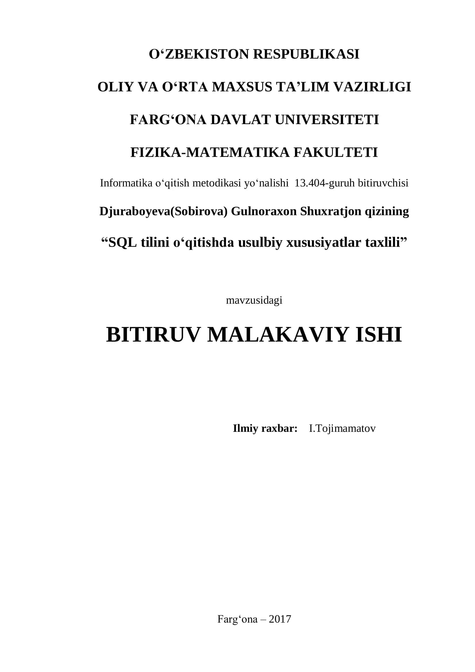 "SQL tilini o„qitishda usulbiy xususiyatlar taxlili" 1