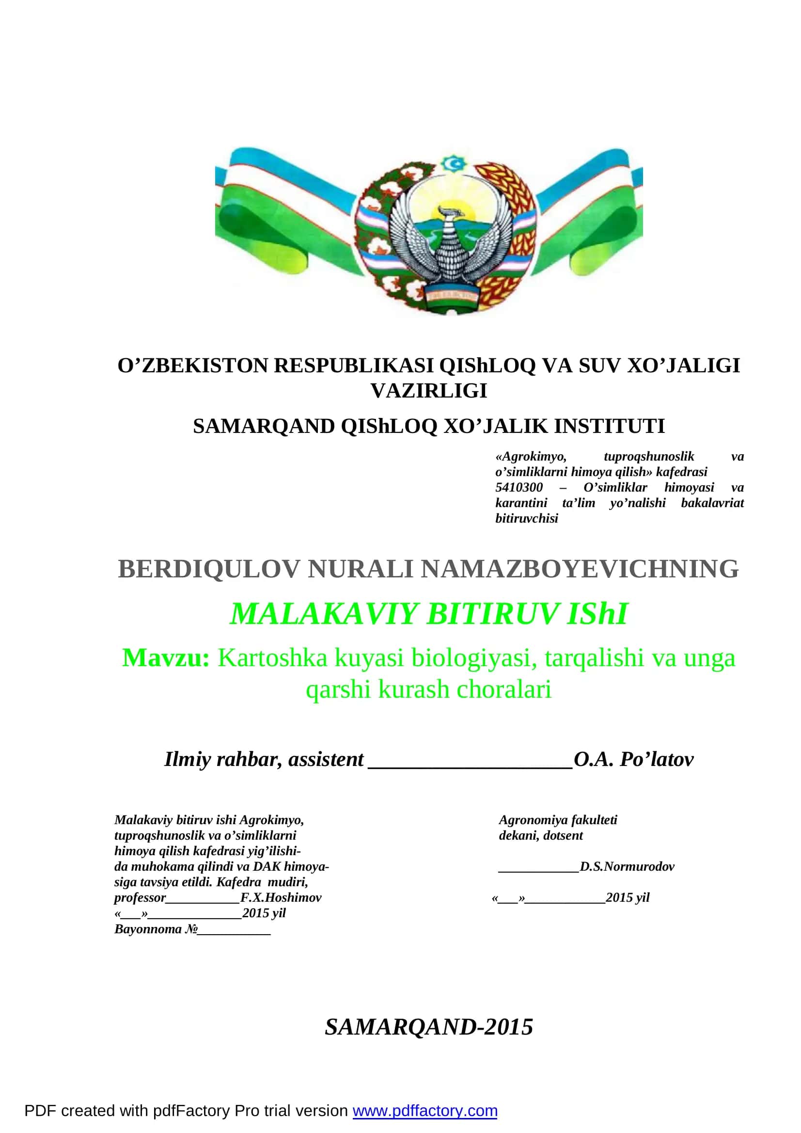 Kartoshka kuyasi biologiyasi, tarqalishi va unga qarshi kurash choralari 1
