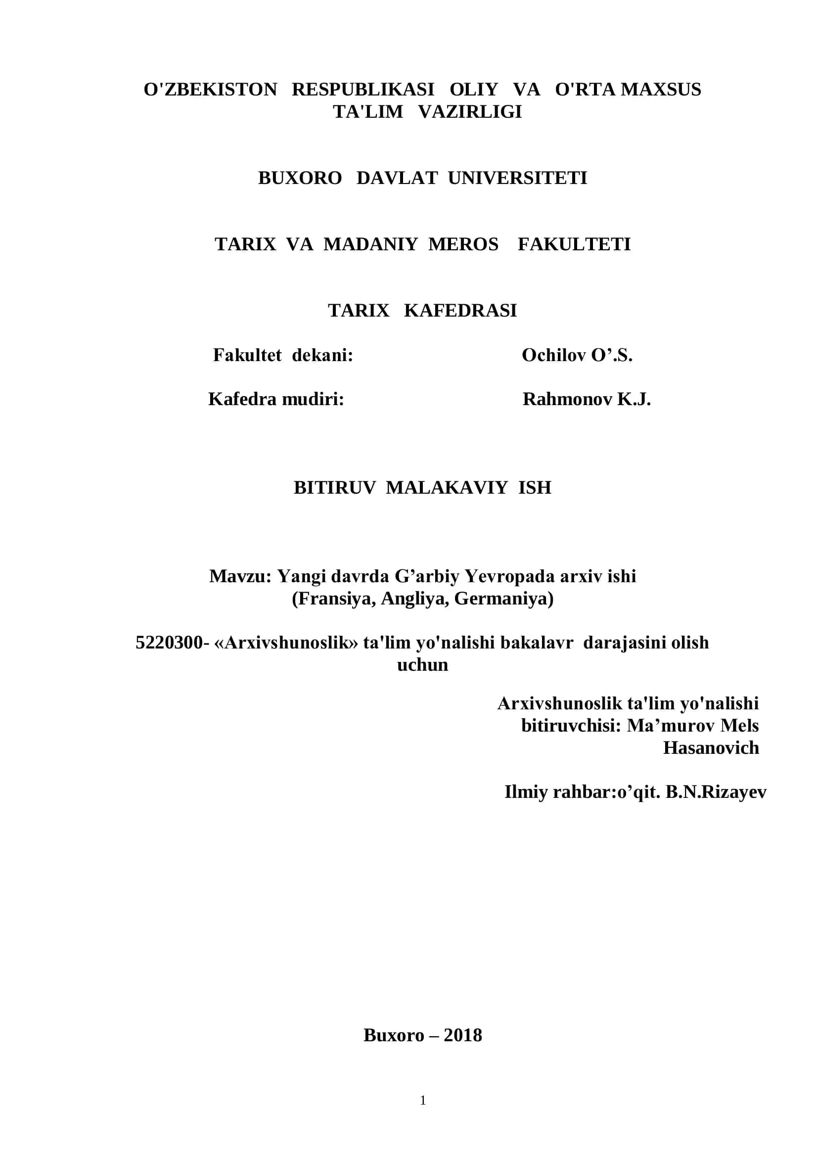 Yangi davrda G’arbiy Yevropada arxiv ishi (Fransiya, Angliya, Germaniya) 1