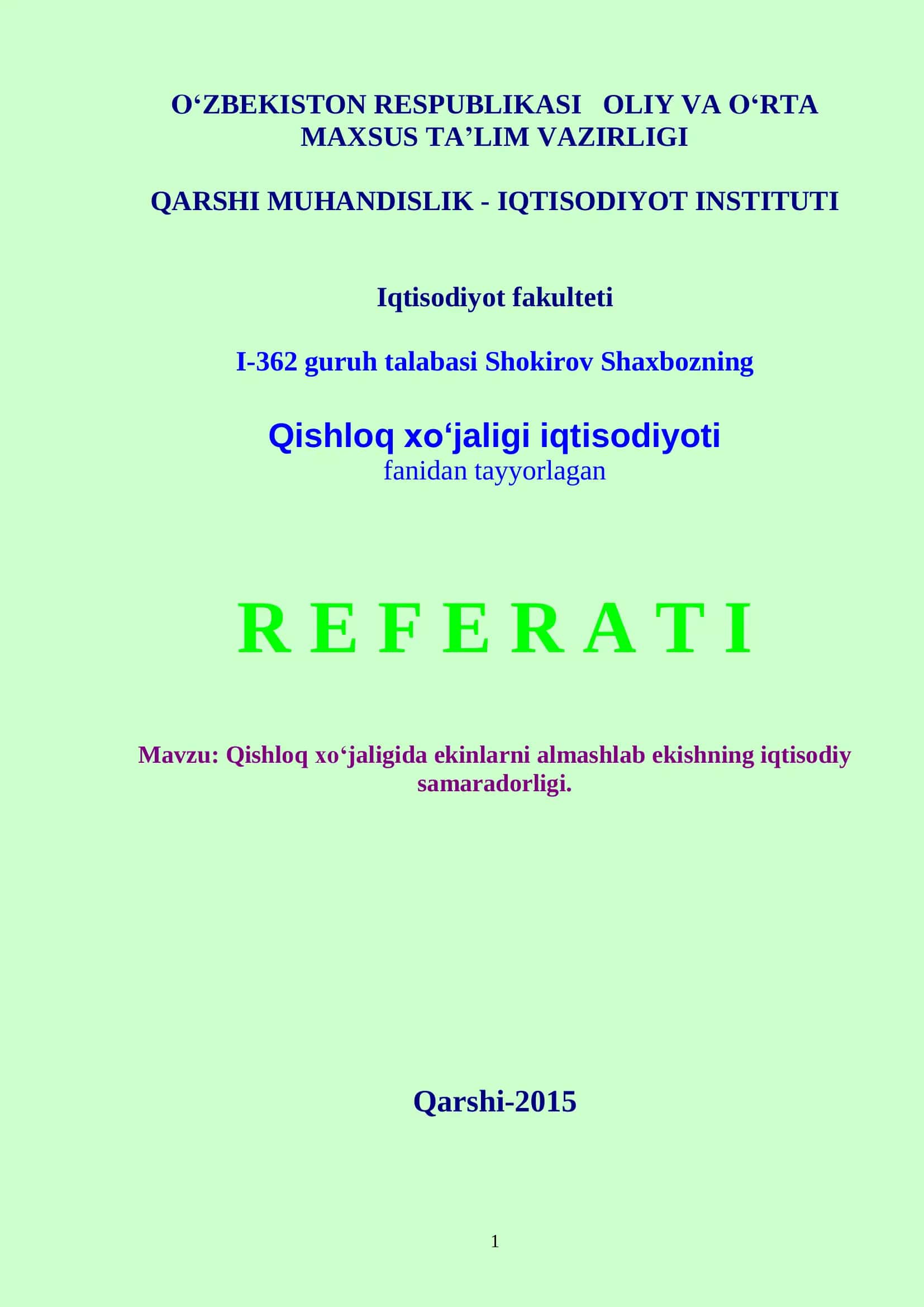 Qishloq xо'jaligida ekinlarni almashlab ekishning iqtisodiy samaradorligi 1