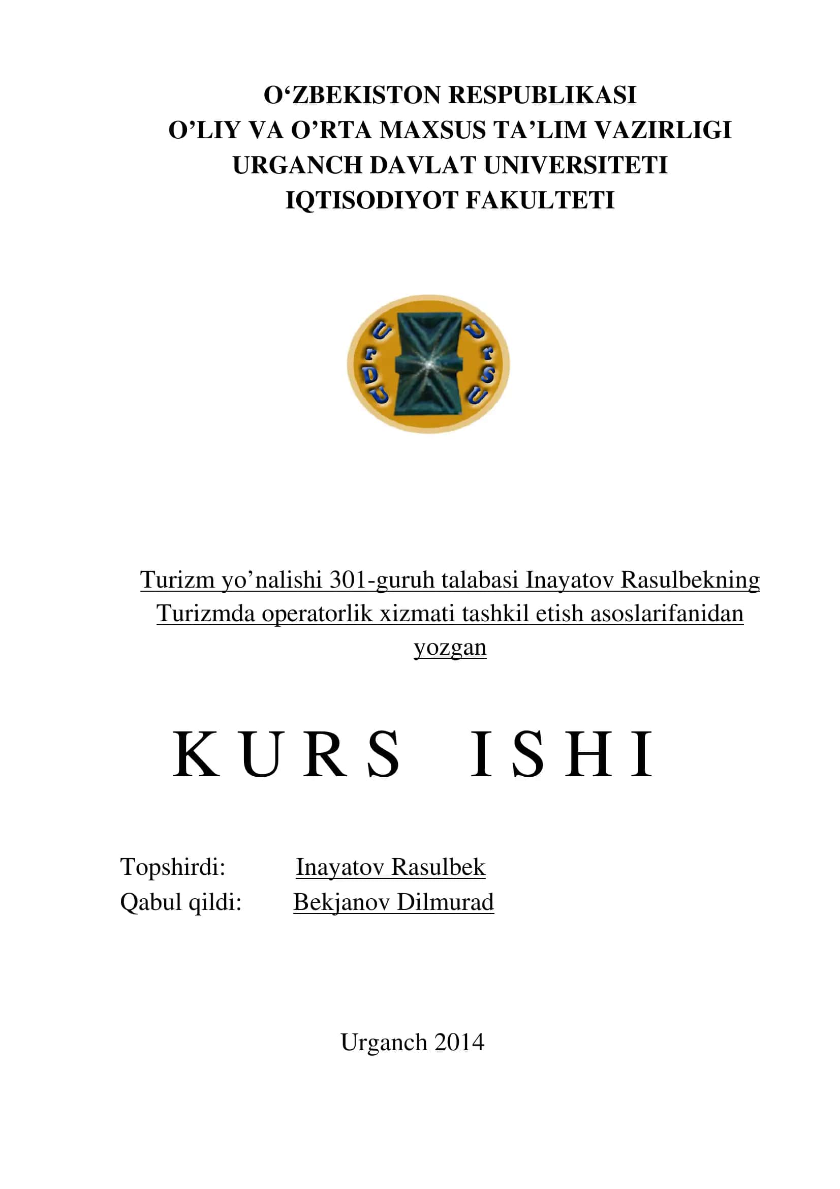 Turizmda operatorlik xizmati tashkil etish asoslarifanidan 1