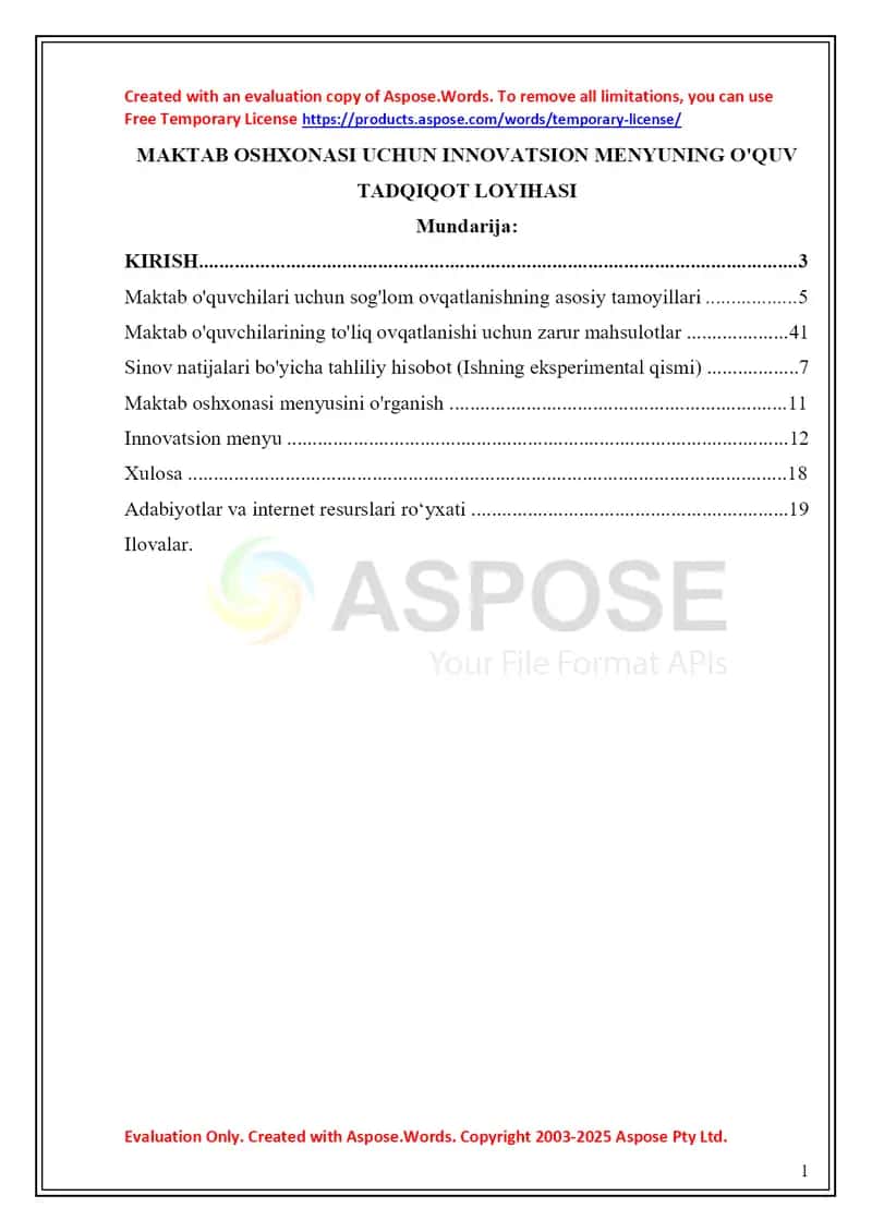 MAKTAB OSHXONASI UCHUN INNOVATSION MENYUNING O'QUV TADQIQOT LOYIHASI 1