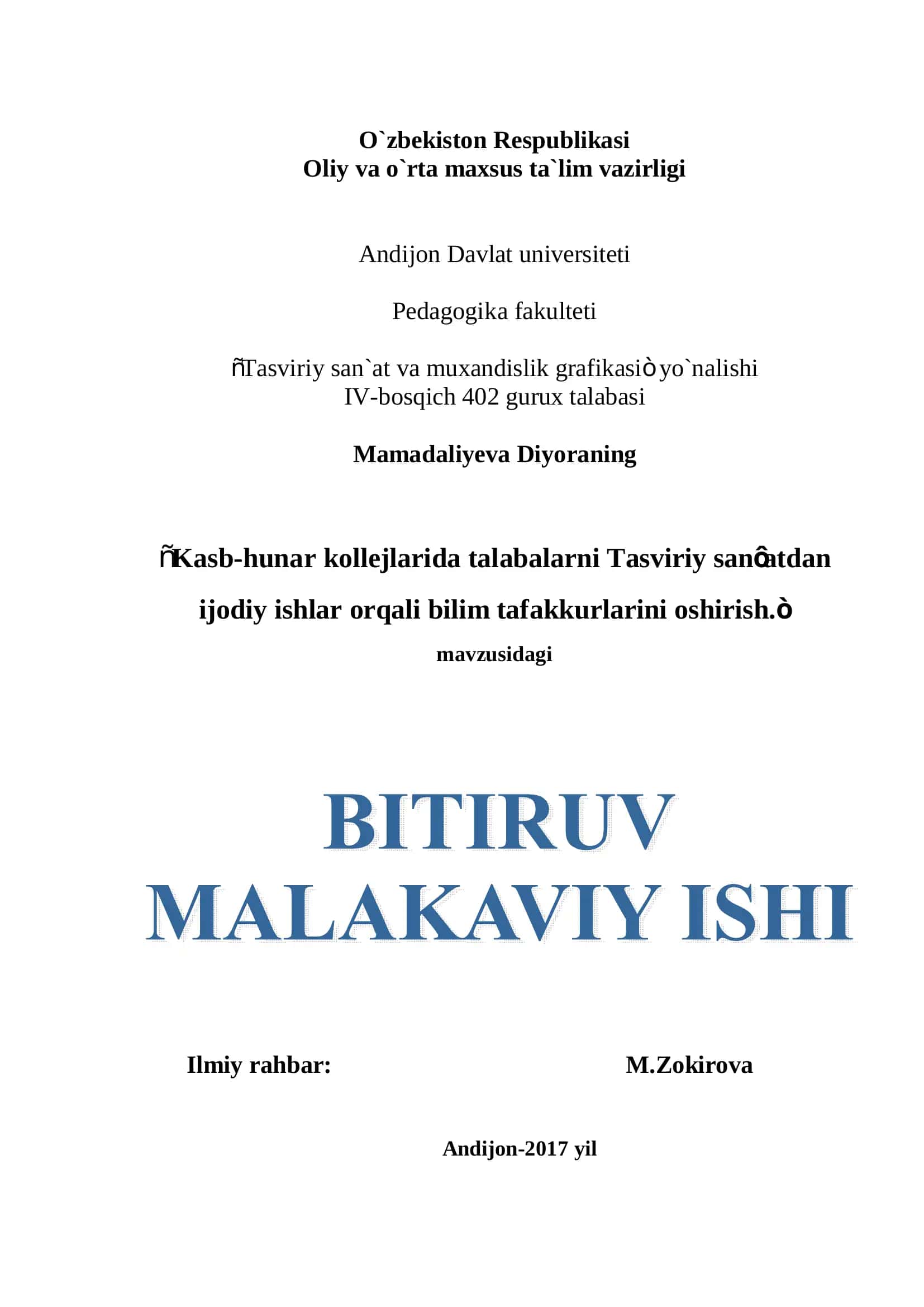Kasb-hunar kollejlarida talabalarni Tasviriy san’atdan ijodiy ishlar orqali bilim tafakkurlarini oshirish 1