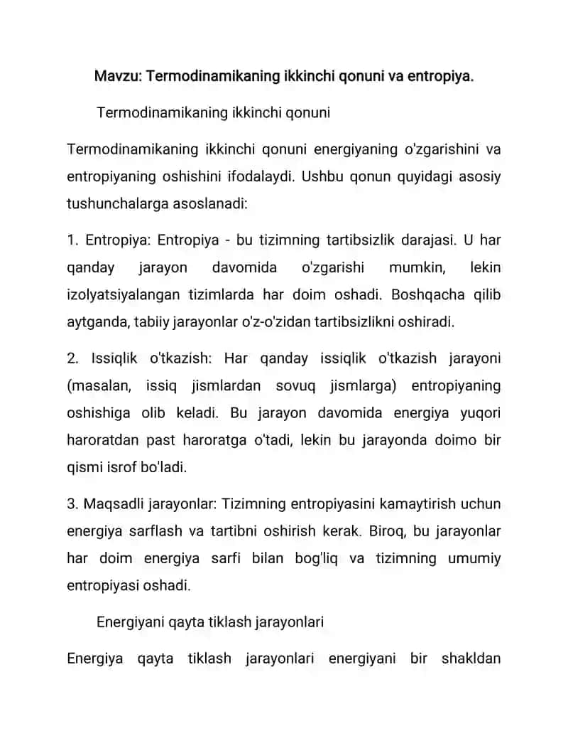 Termodinamikaning ikkinchi qonuni va entropiya