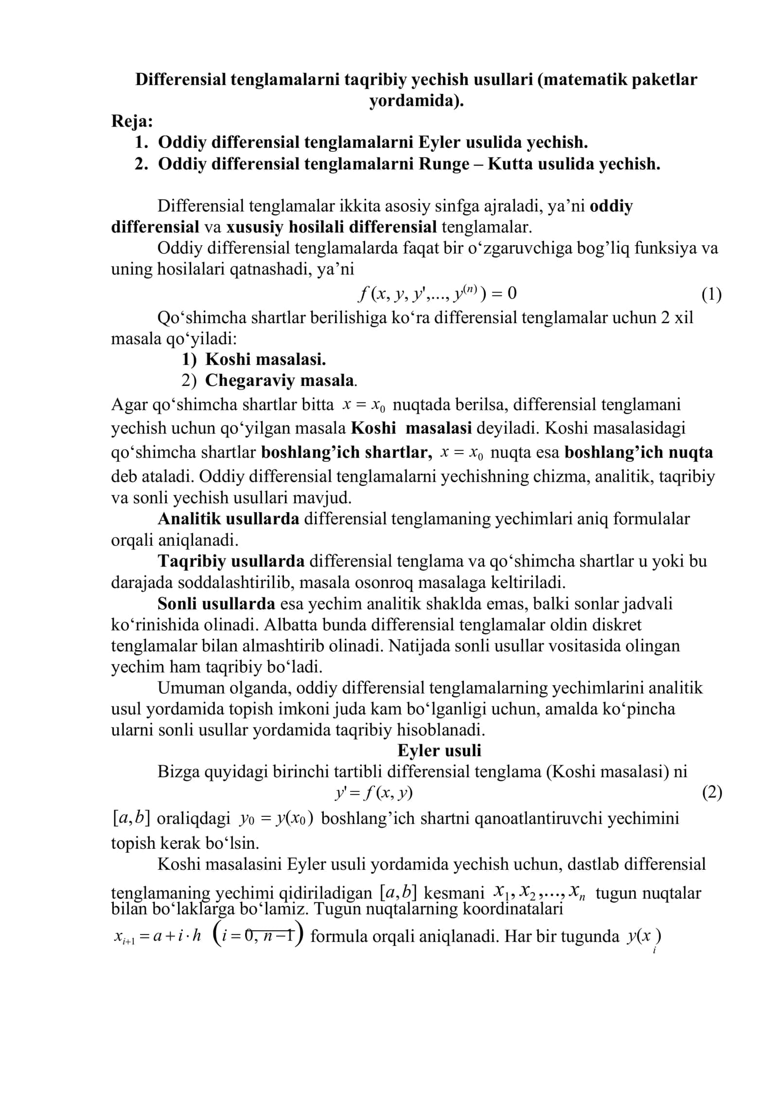 Differensial tenglamalarni analitik va taqribiy yechish usullari 1