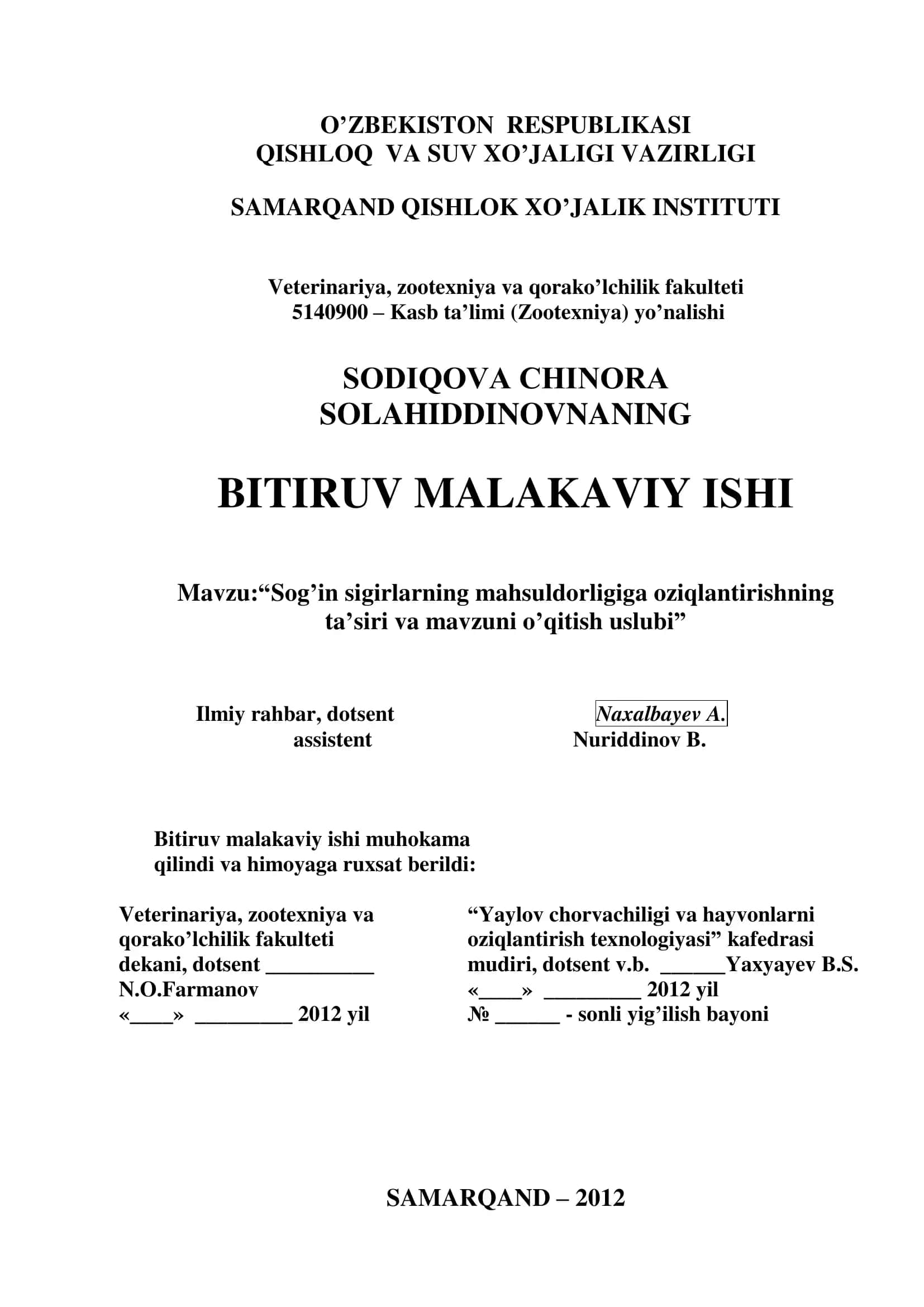 Sog’in sigirlarning mahsuldorligiga oziqlantirishning ta’siri va mavzuni o’qitish uslubi 1