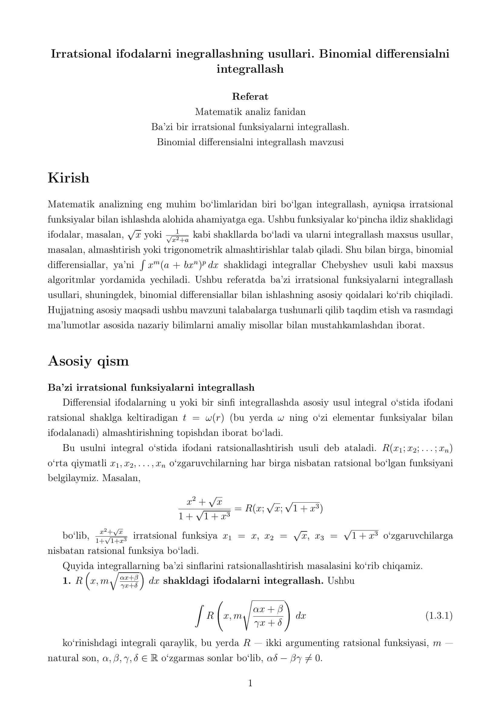Irratsional ifodalarni inegrallashning usullari. Binomial differensialni integrallash 1