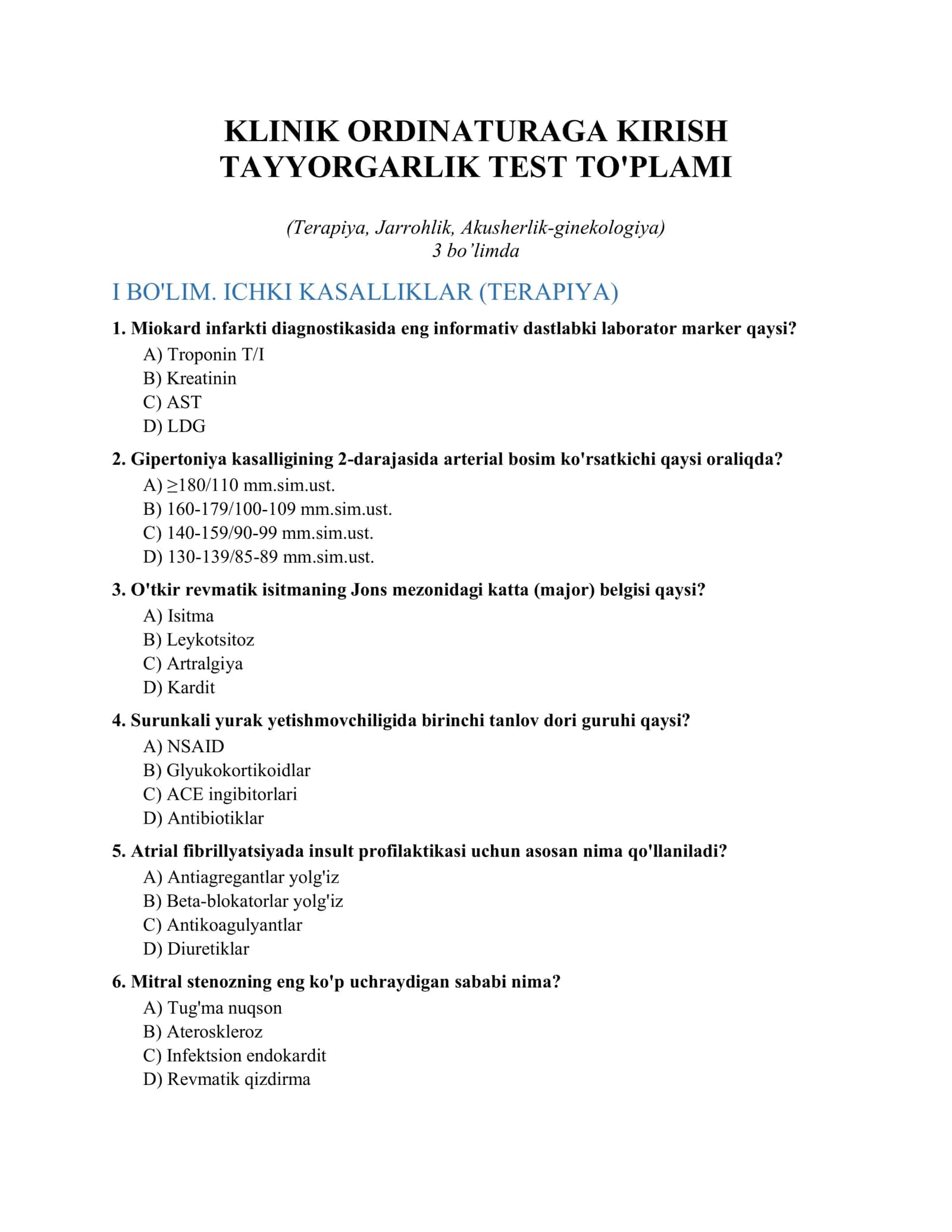 KLINIK ORDINATURAGA KIRISH TAYYORGARLIK TEST TO'PLAMI 1