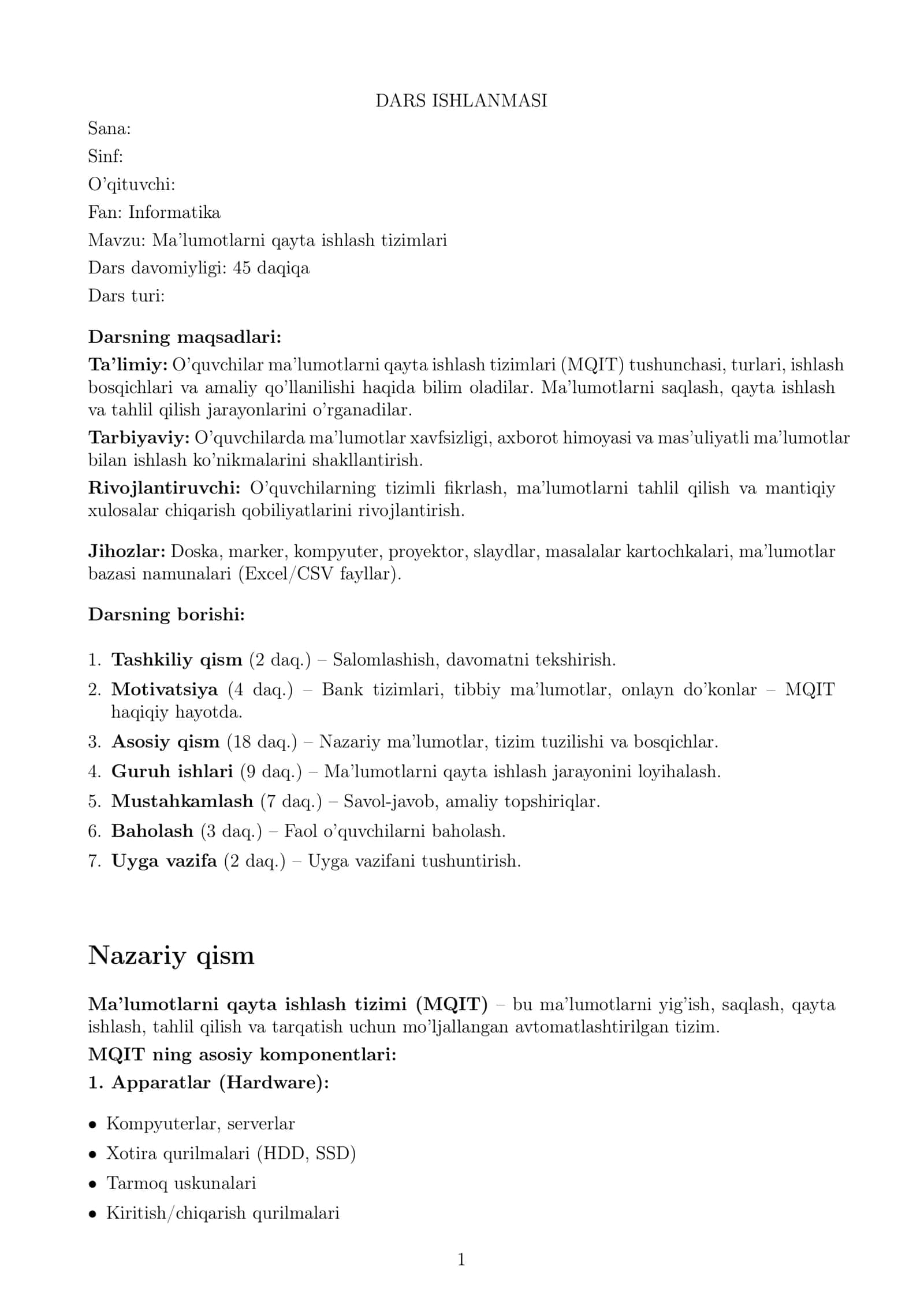Ma’lumotlarni qayta ishlash tizimlari (Dars ishlanmasi) 1
