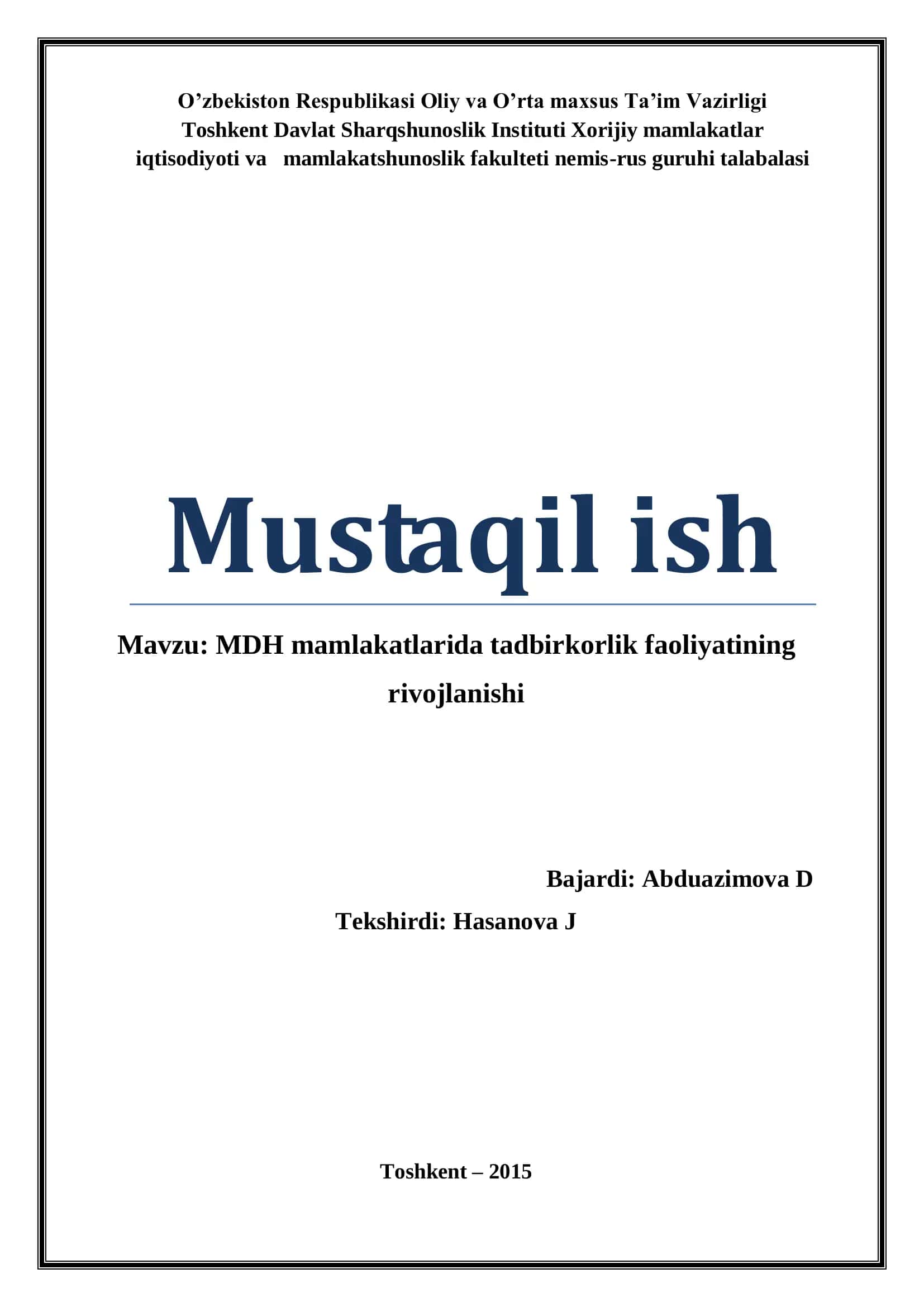 MDH mamlakatlarida tadbirkorlik faoliyatining rivojlanishi 1