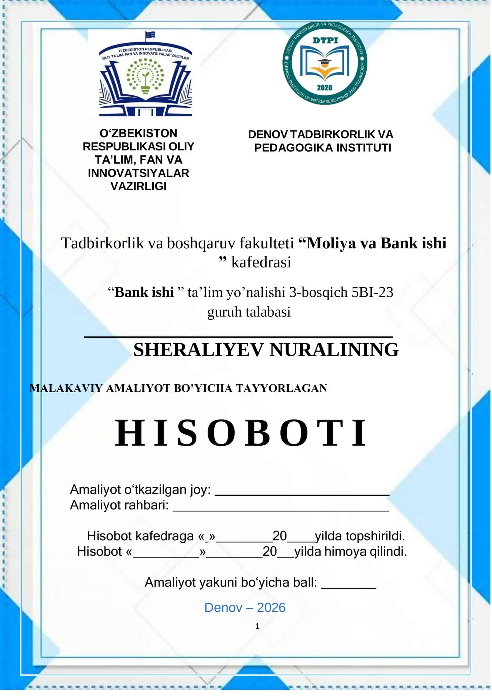 “O'zmilliybank AJ” haqida umumiy malumot va uning tashkil etilishi VA  DENOV FILIALI HAQIDA 1