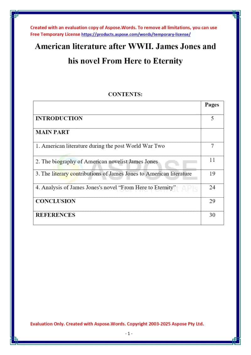 American Literature After WWII: James Jones and His Novel "From Here to Eternity" 1